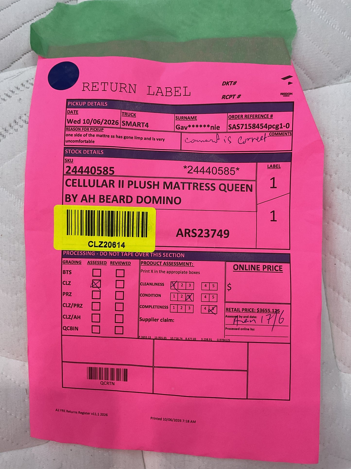 NZ CLZ20614 1 PCE CELLULAR II PLUSH MATTRESS QUEEN BY AH BEARD DOMINO