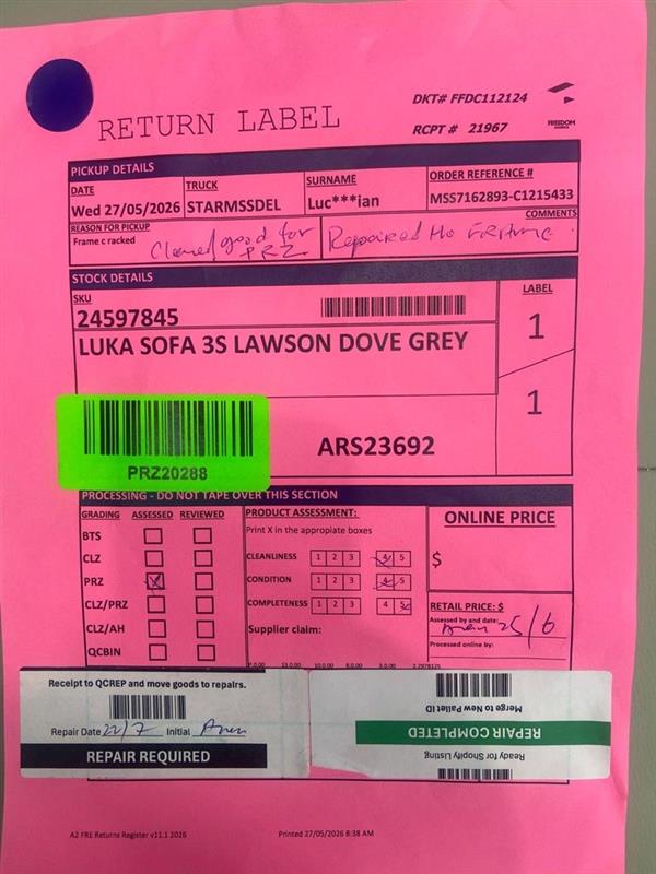 NZ PRZ20288 1 PCE LUKA SOFA 3S LAWSON DOVE GREY