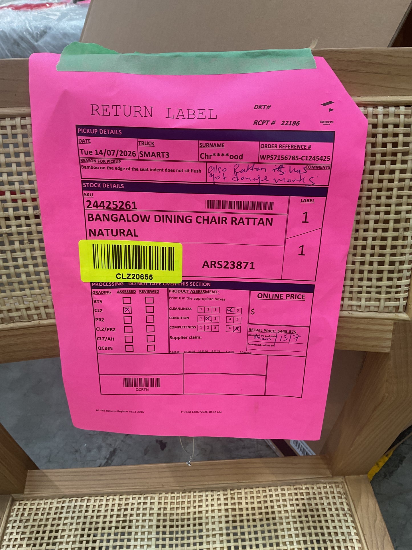 NZ CLZ20655 1 PCE BANGALOW DINING CHAIR RATTAN NATURAL