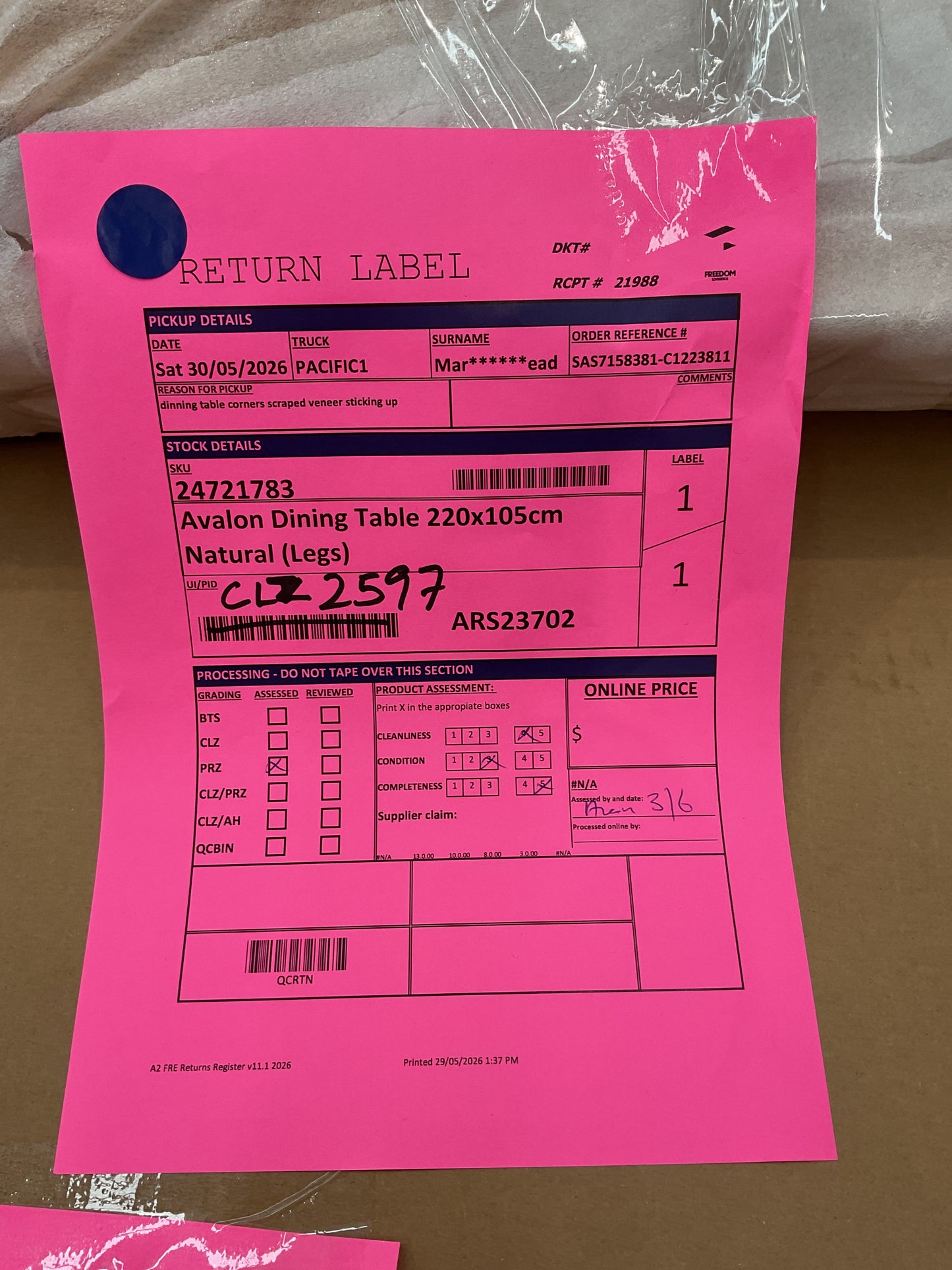 NZ CLZ20597 | 2 PCE | AVALON DINING TABLE 220X105CM NATURAL (Leg are in the box with the top)