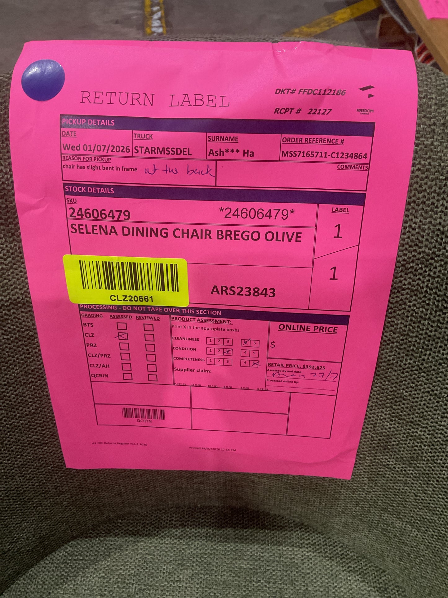 NZ CLZ20661 1 PCE SELENA DINING CHAIR BREGO OLIVE