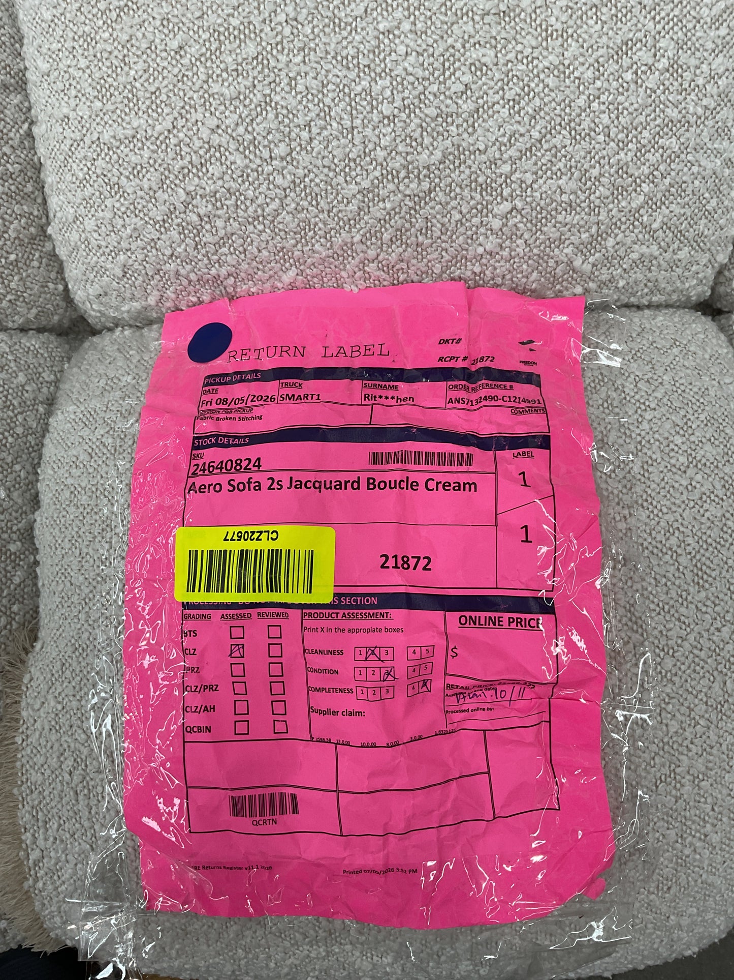 NZ CLZ20577 1 PCE AERO SOFA 2S JACQUARD BOUCLE CREAM
