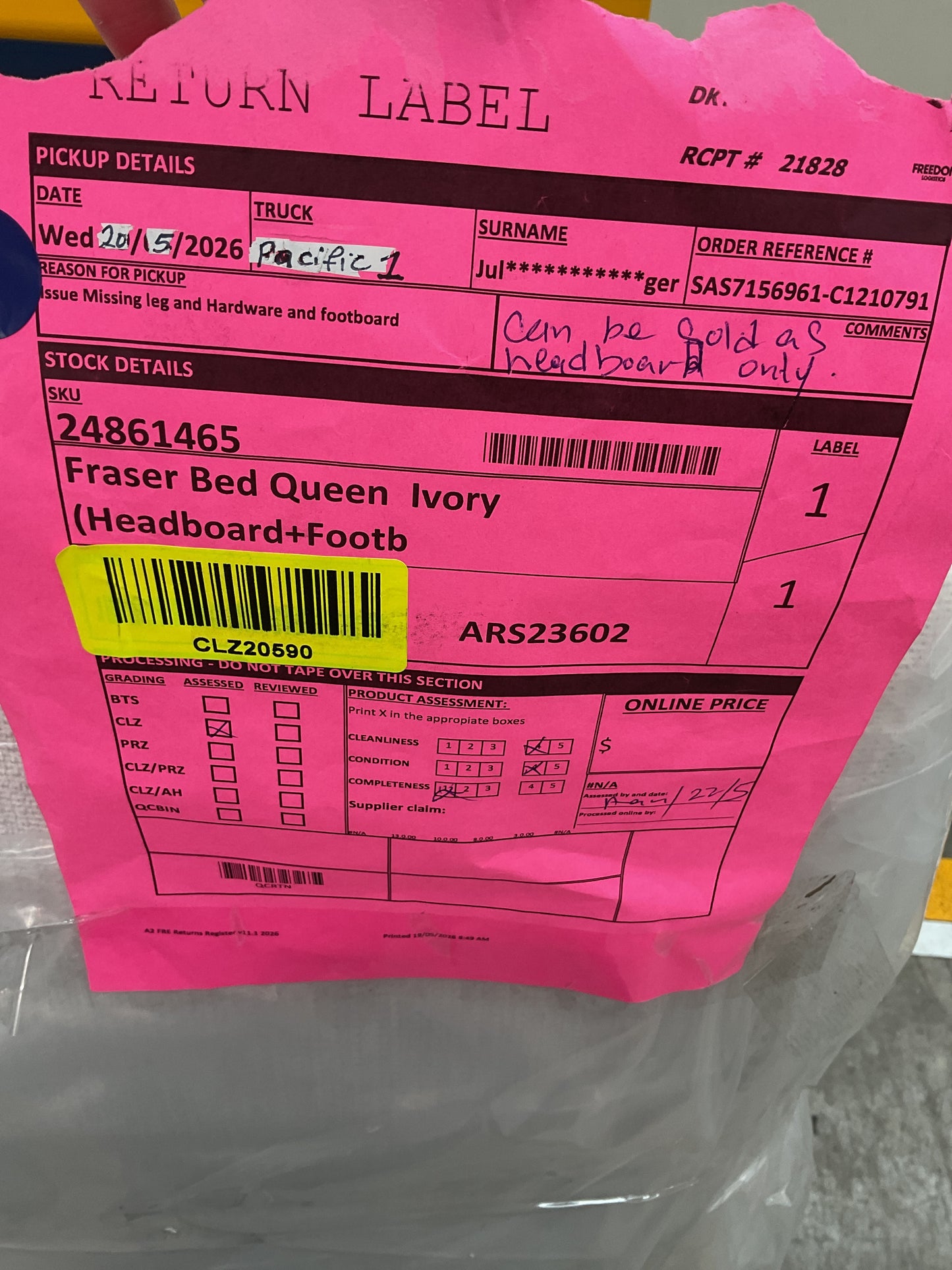 NZ CLZ20590 | 1 PCE | FRASER BED QUEEN IVORY - HEADBOARD ONLY