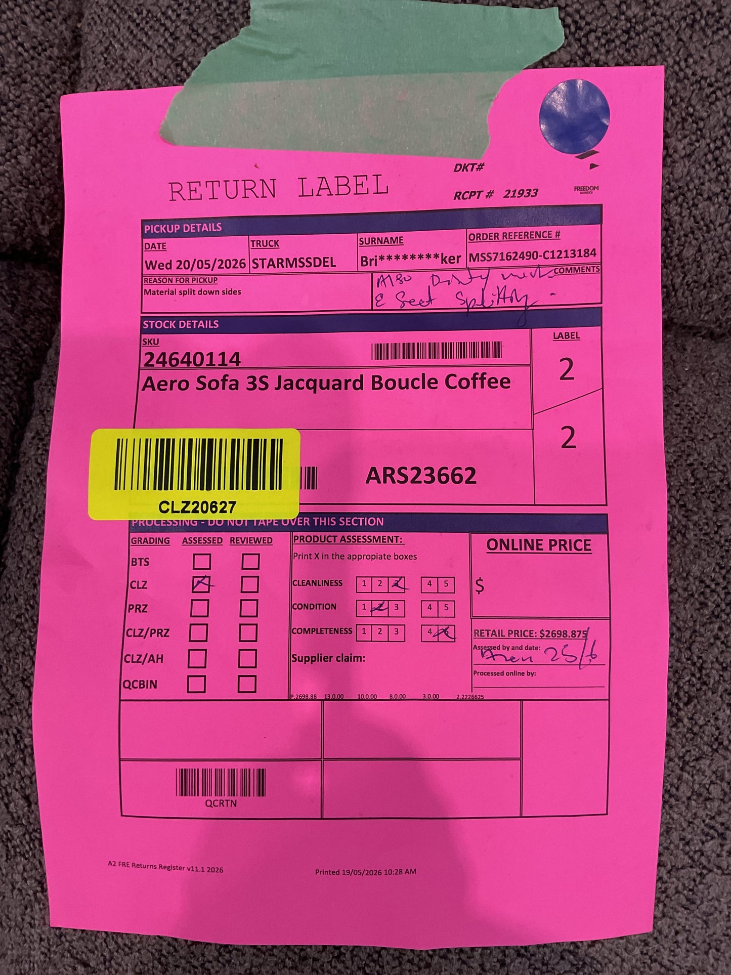 NZ CLZ20627 1 PCE AERO SOFA 3S JACQUARD BOUCLE COFFEE
