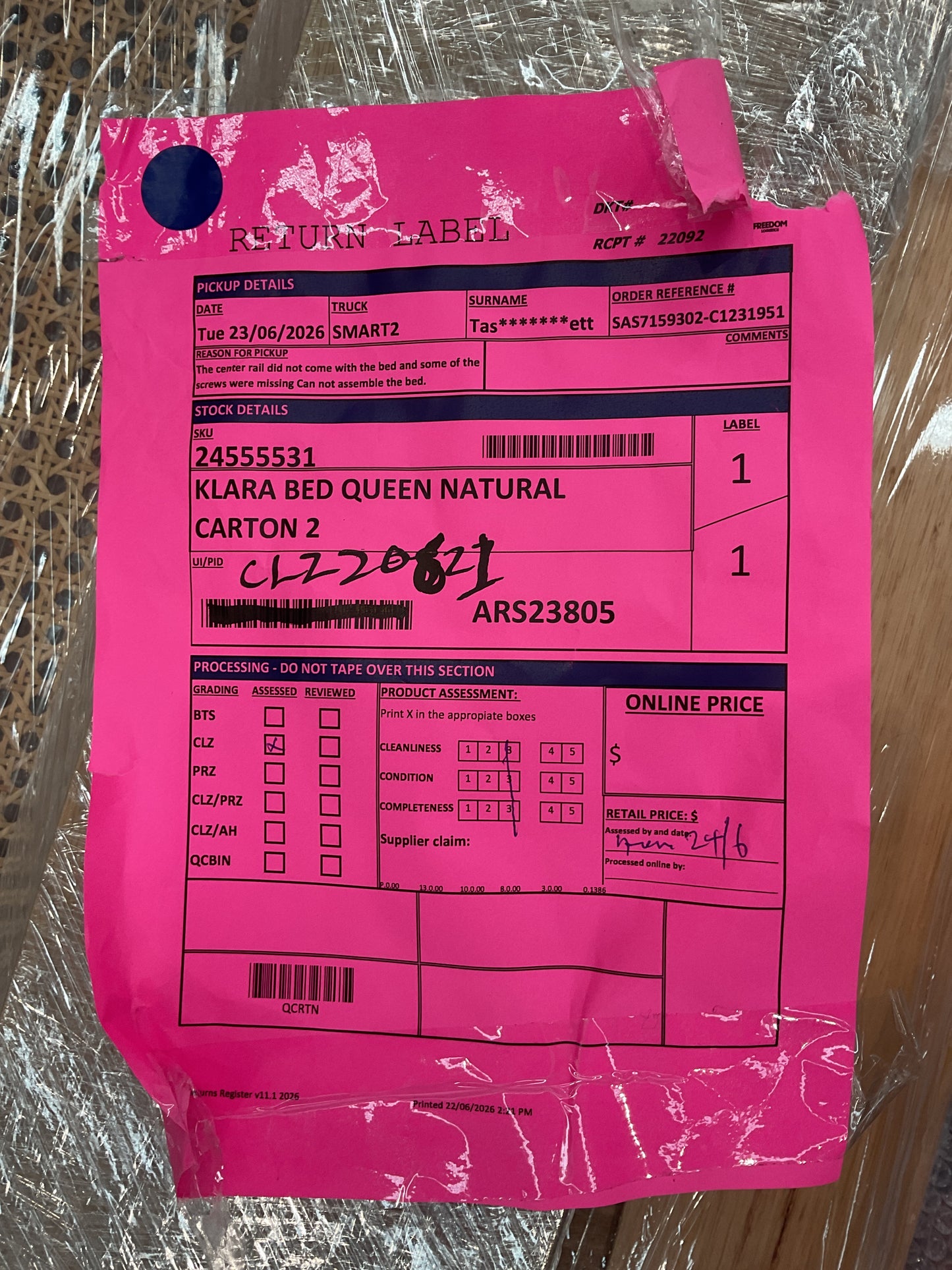 NZ CLZ20621 3 PCE KLARA BED QUEEN NATURAL CARTON 1,2 & 3