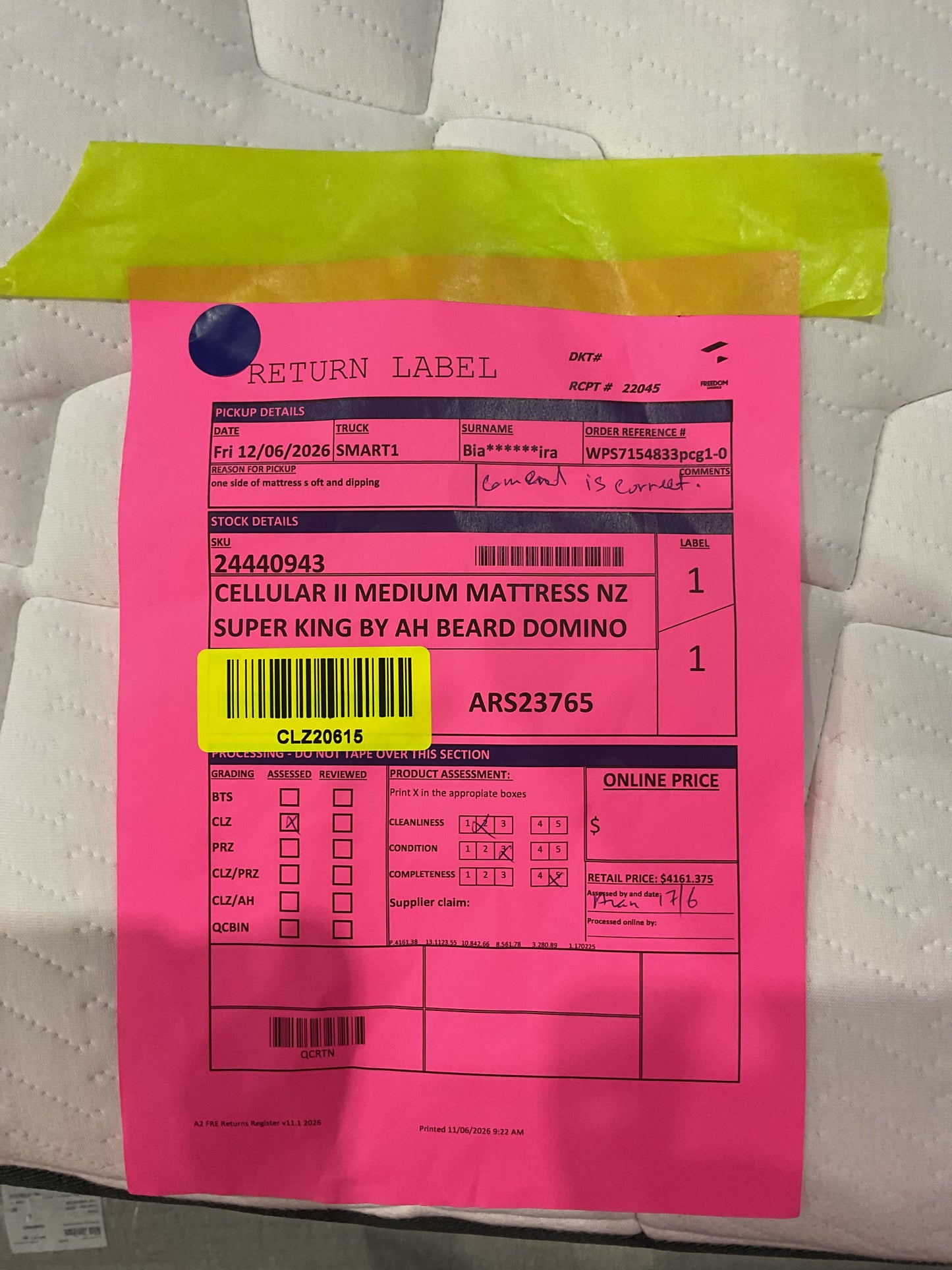 NZ CLZ20615 1 PCE CELLULAR II MEDIUM MATTRESS NZ SUPER KING BY AH BEARD DOMINO
