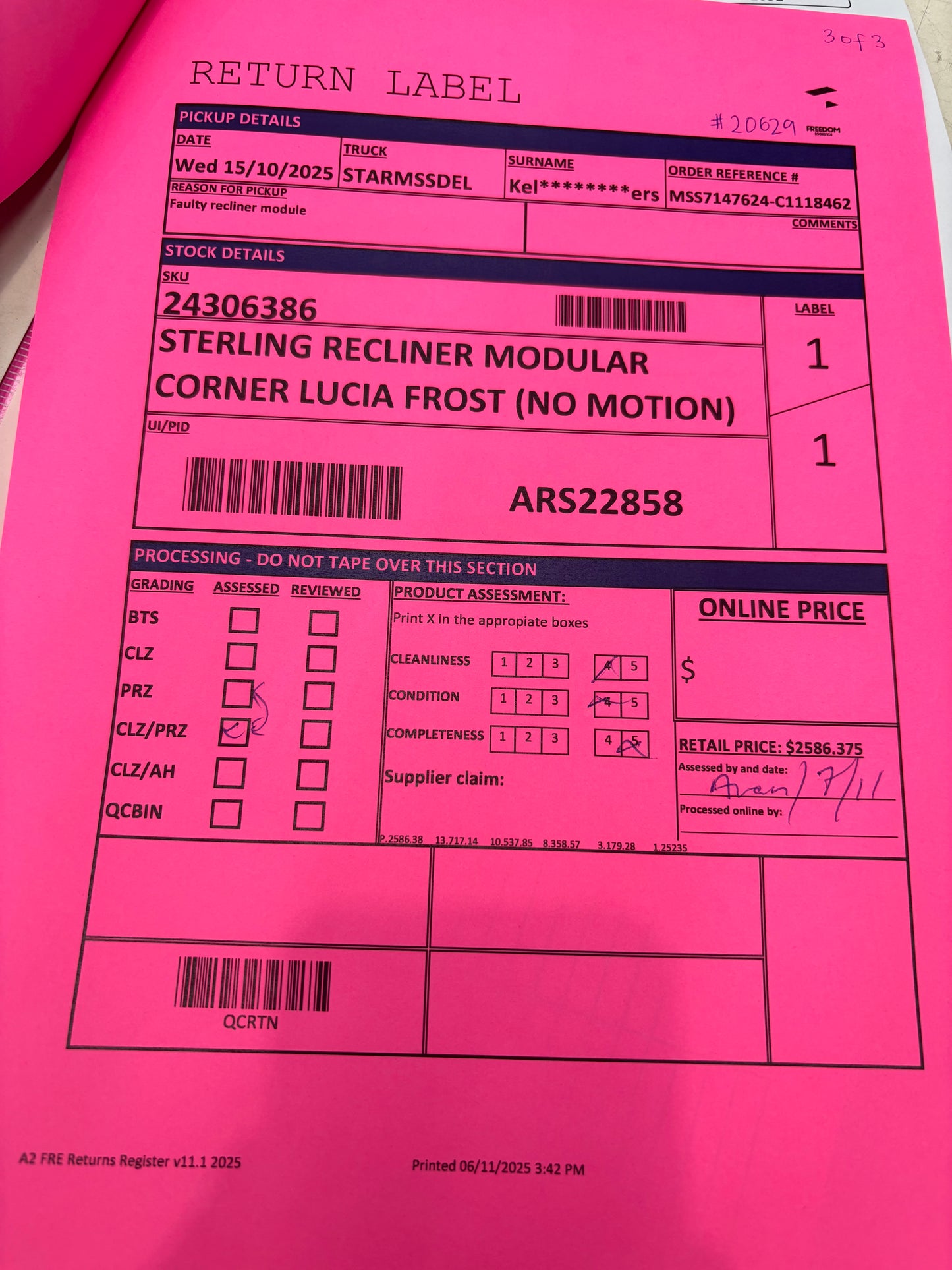 NZ PRZ20115 3pc Sterling Electric Recliner Modular Set Lucia Frost