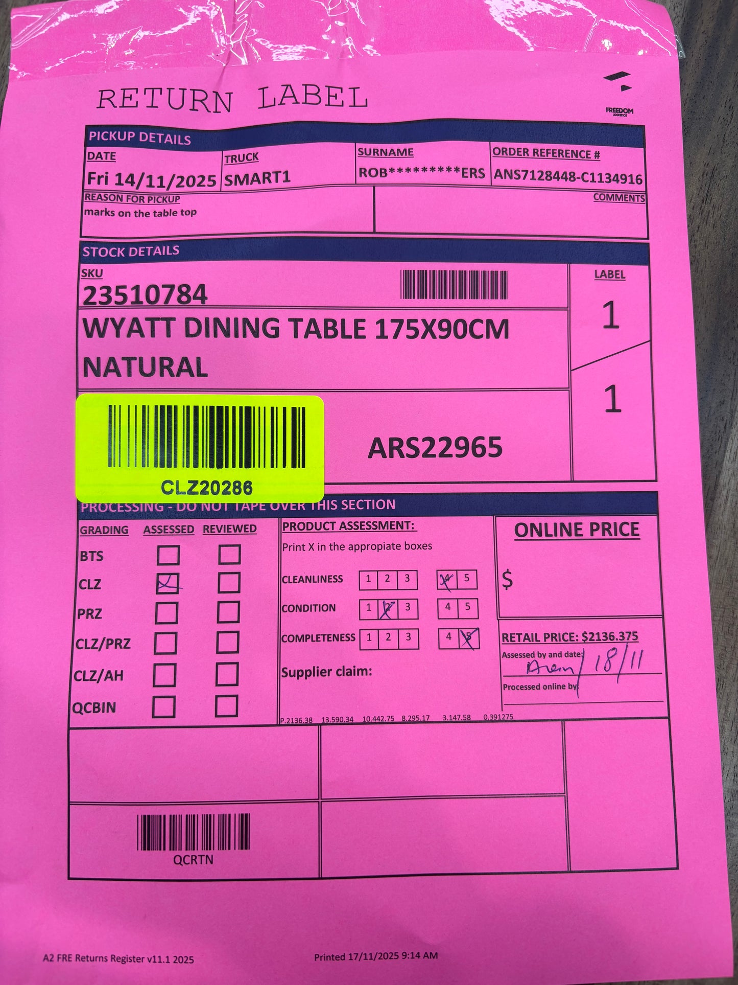 NZ CLZ20286 Wyatt Dining Table 175x90cm Natural