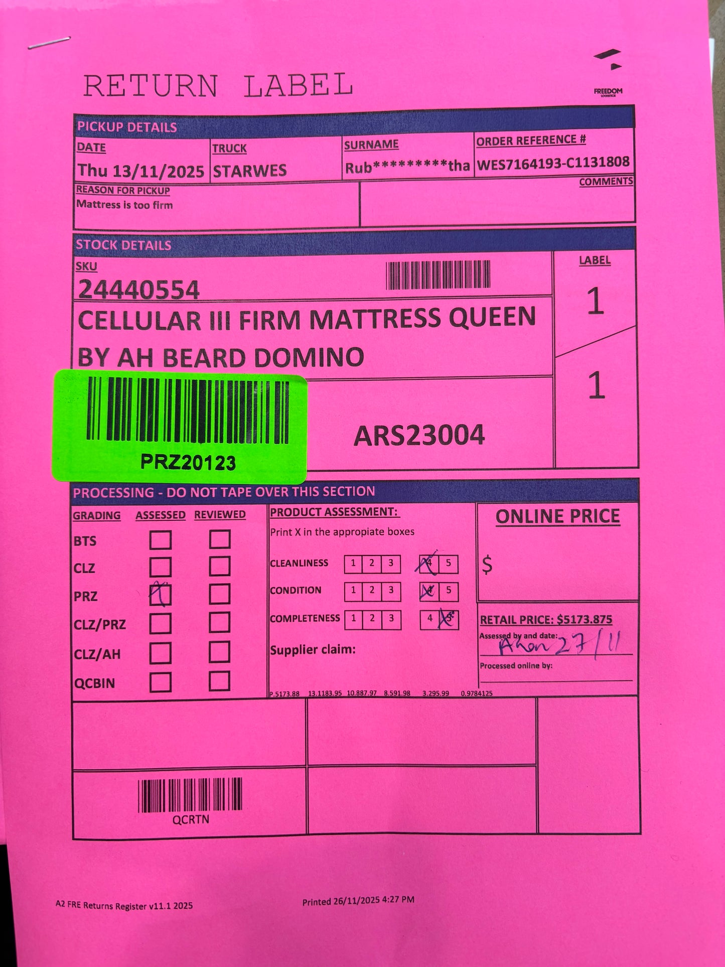 NZ PRZ20123 Cellular III Firm Mattress Queen by AH Beard Domino