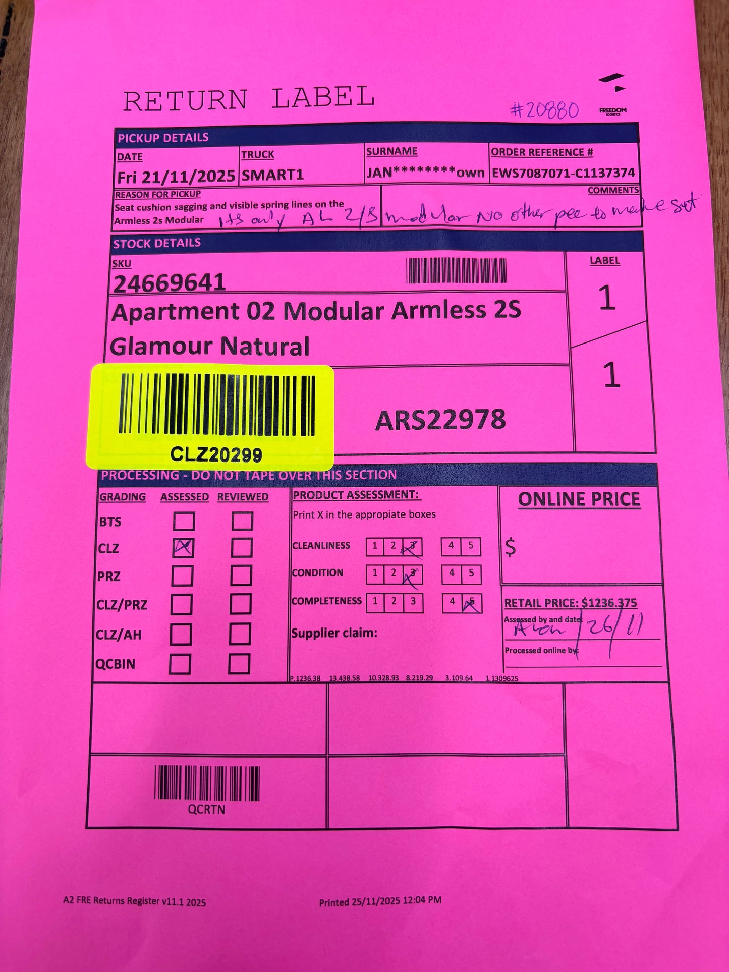 NZ CLZ20299 Apartment 02 Modular Armless 2S Glamour Natural