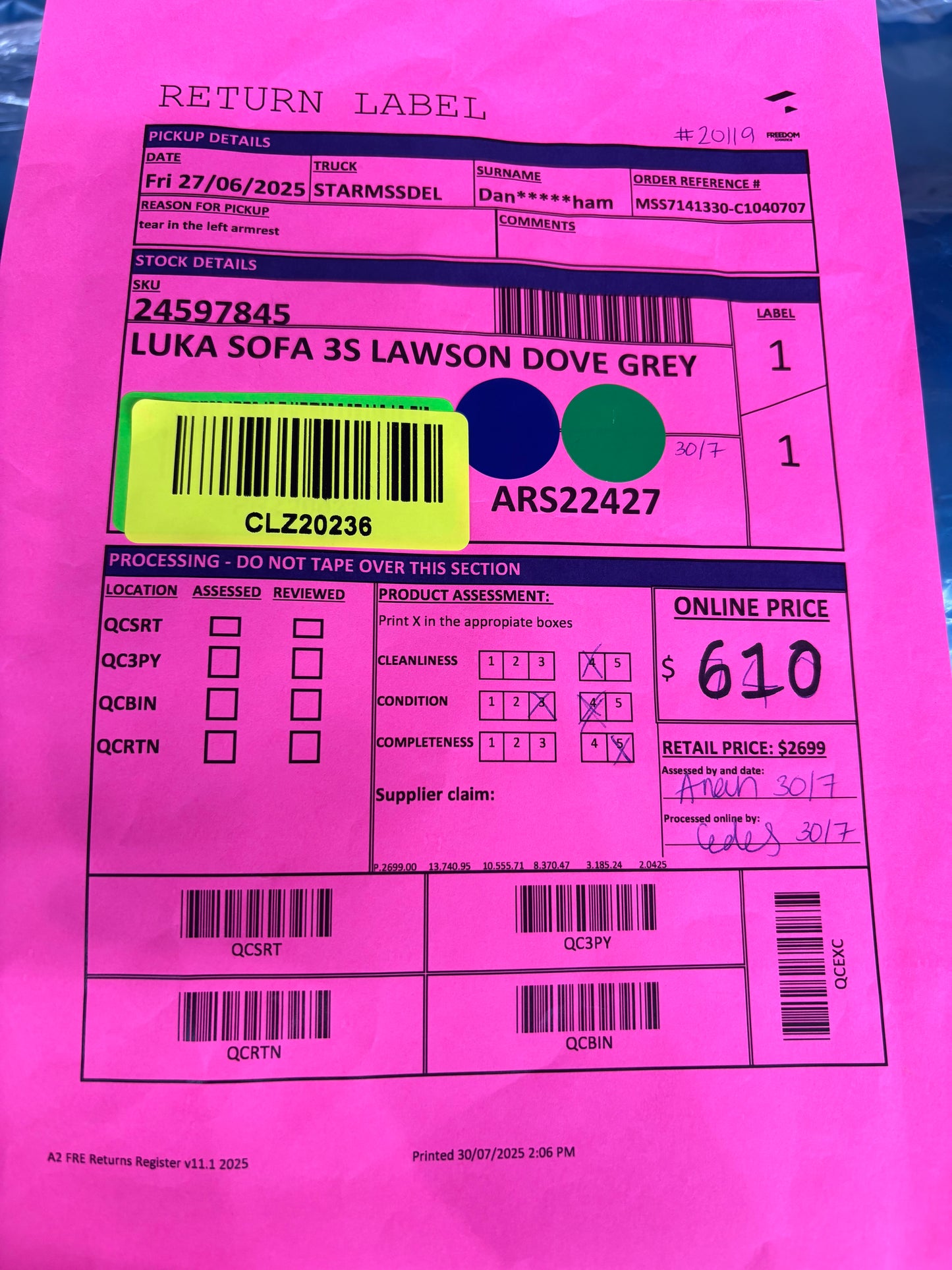 NZ CLZ20236 Luka Sofa 3S Lawson Dove Grey