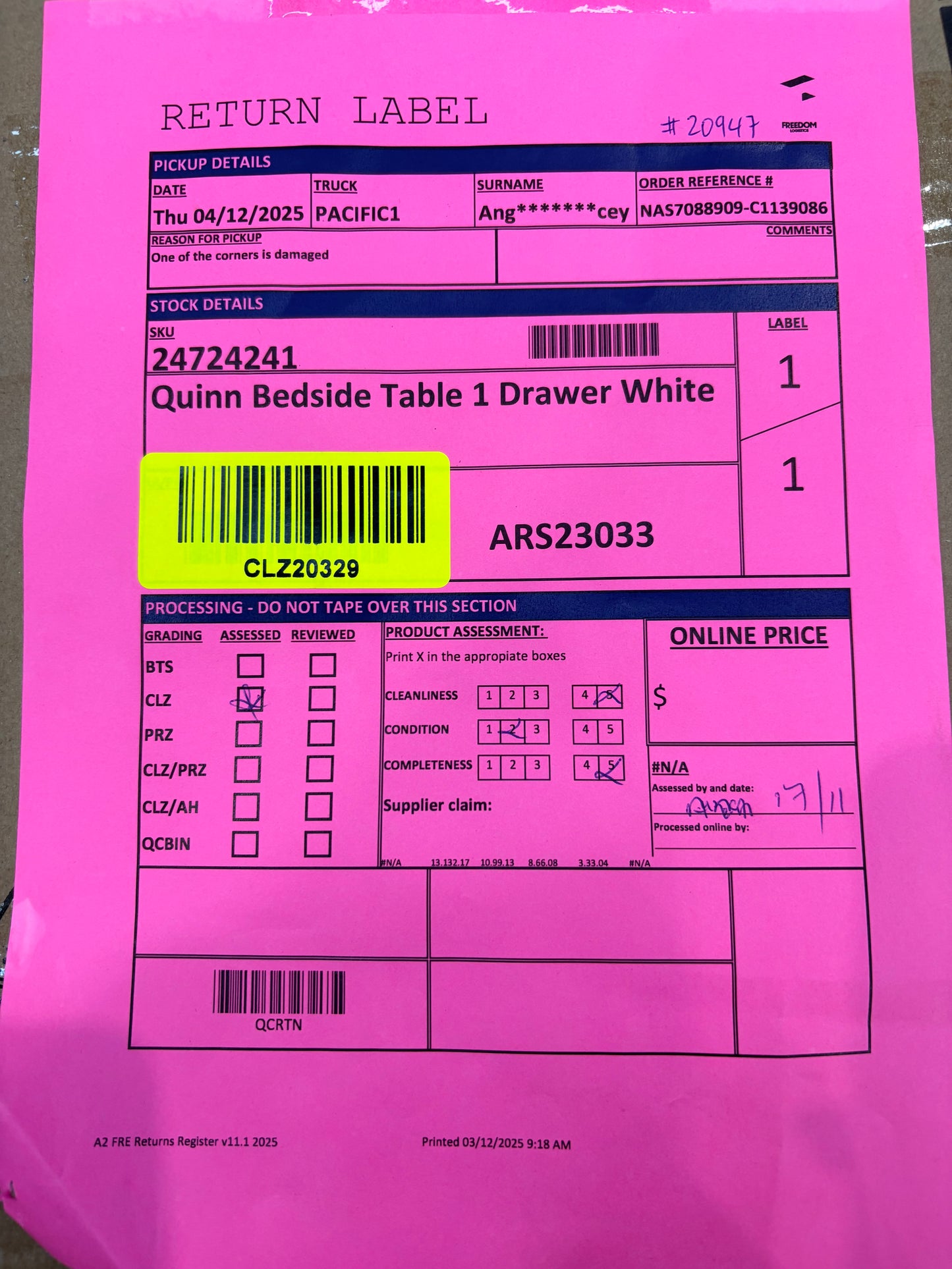 NZ CLZ20329 Quinn Bedside Table 1 Drawer White