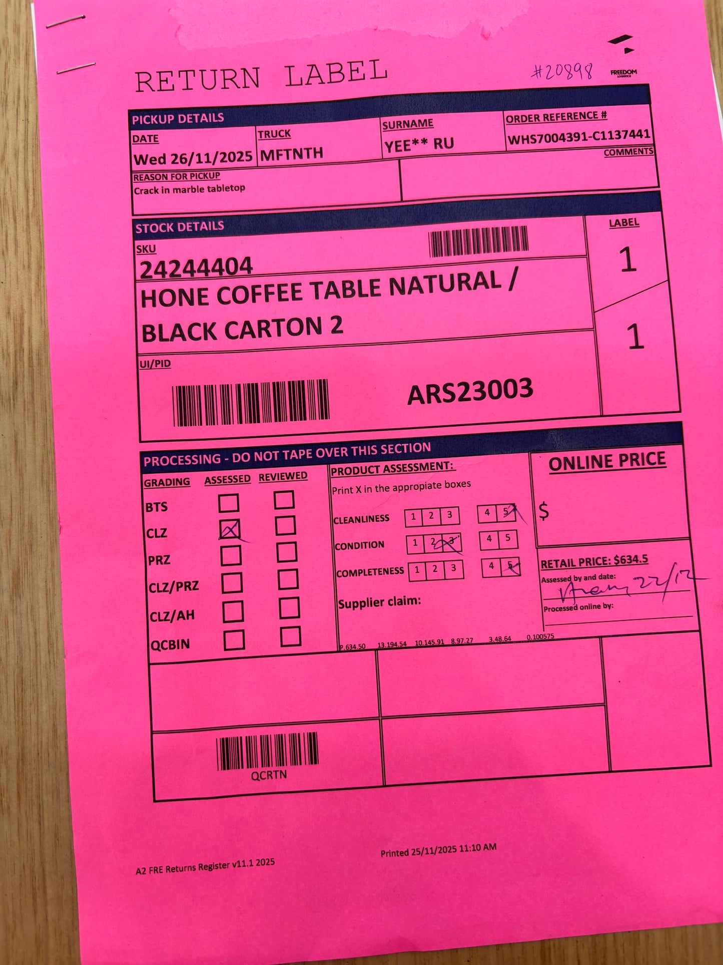 NZ CLZ20338 Hone Coffee Table Natural/Black