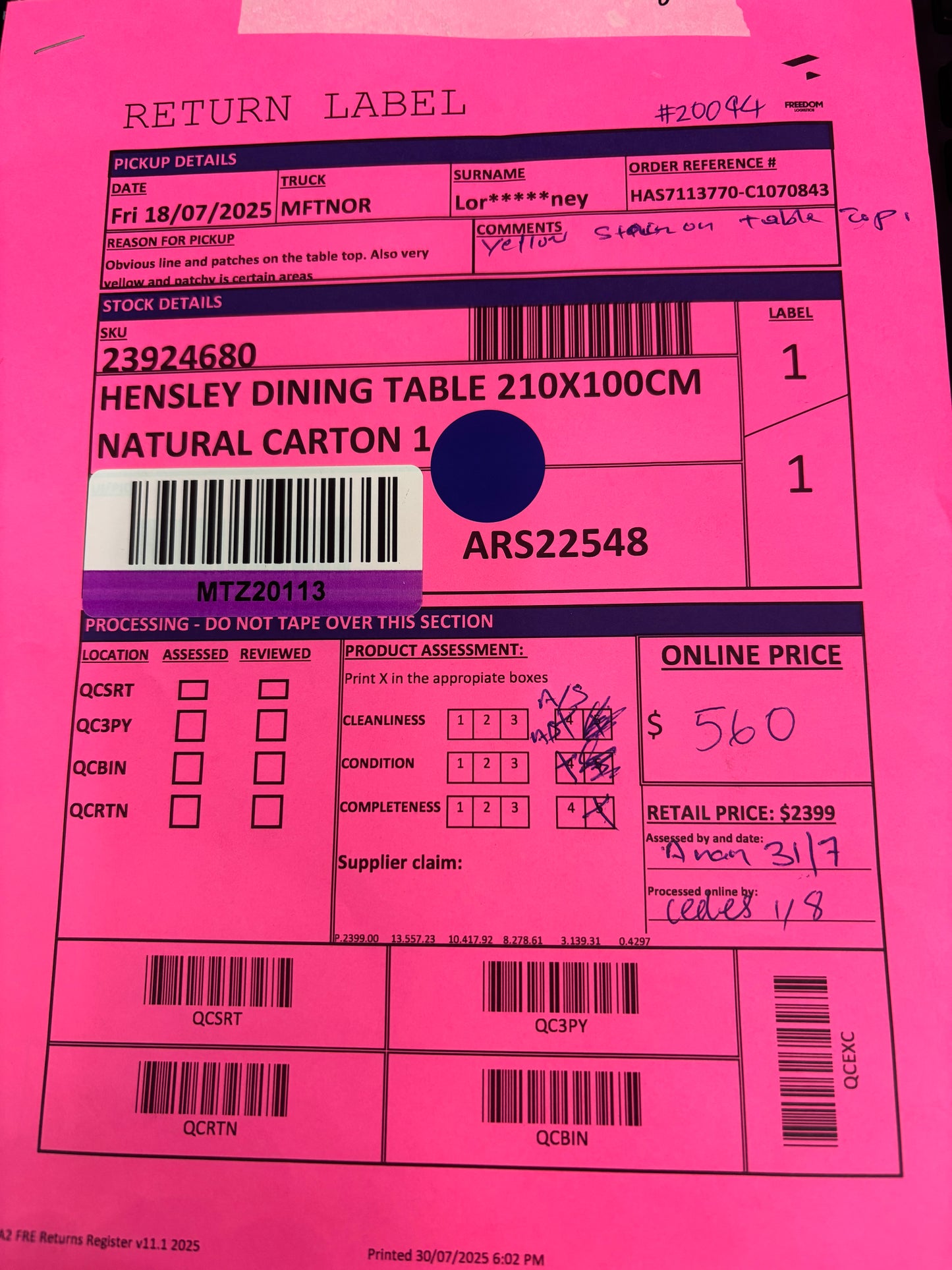 NZ MTZ20113 Hensley Dining Table 210x100cm Natural C1 & C2