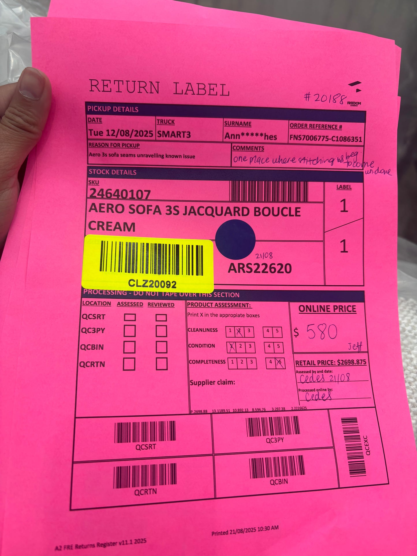 NZ CLZ20092 Aero Sofa 3S Jacquard Boucle Cream