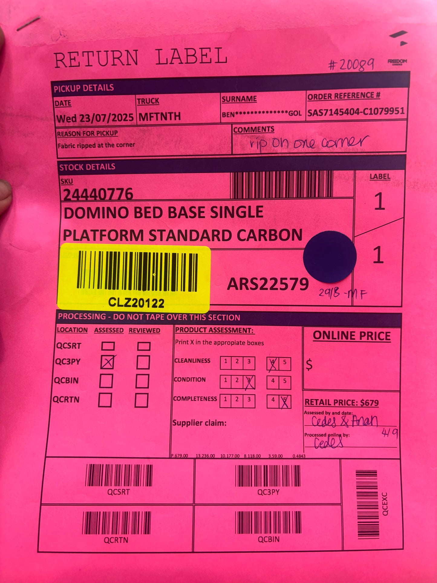 NZ CLZ20122 Domino Bed Base Single Platform Standard Carbon