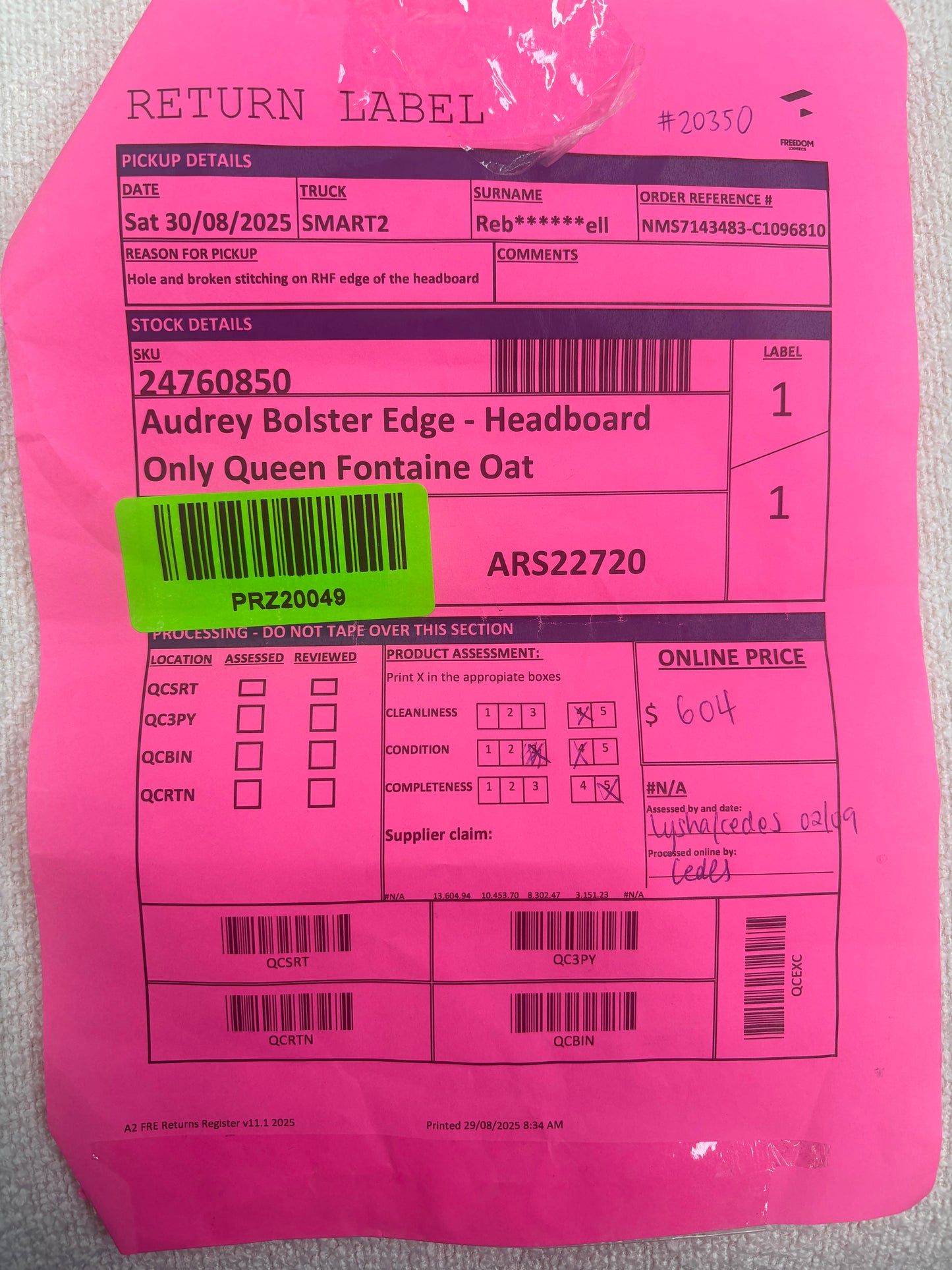 NZ PRZ20049 Audrey Bolster Edge (Headboard Only Queen) Fontaine Oat