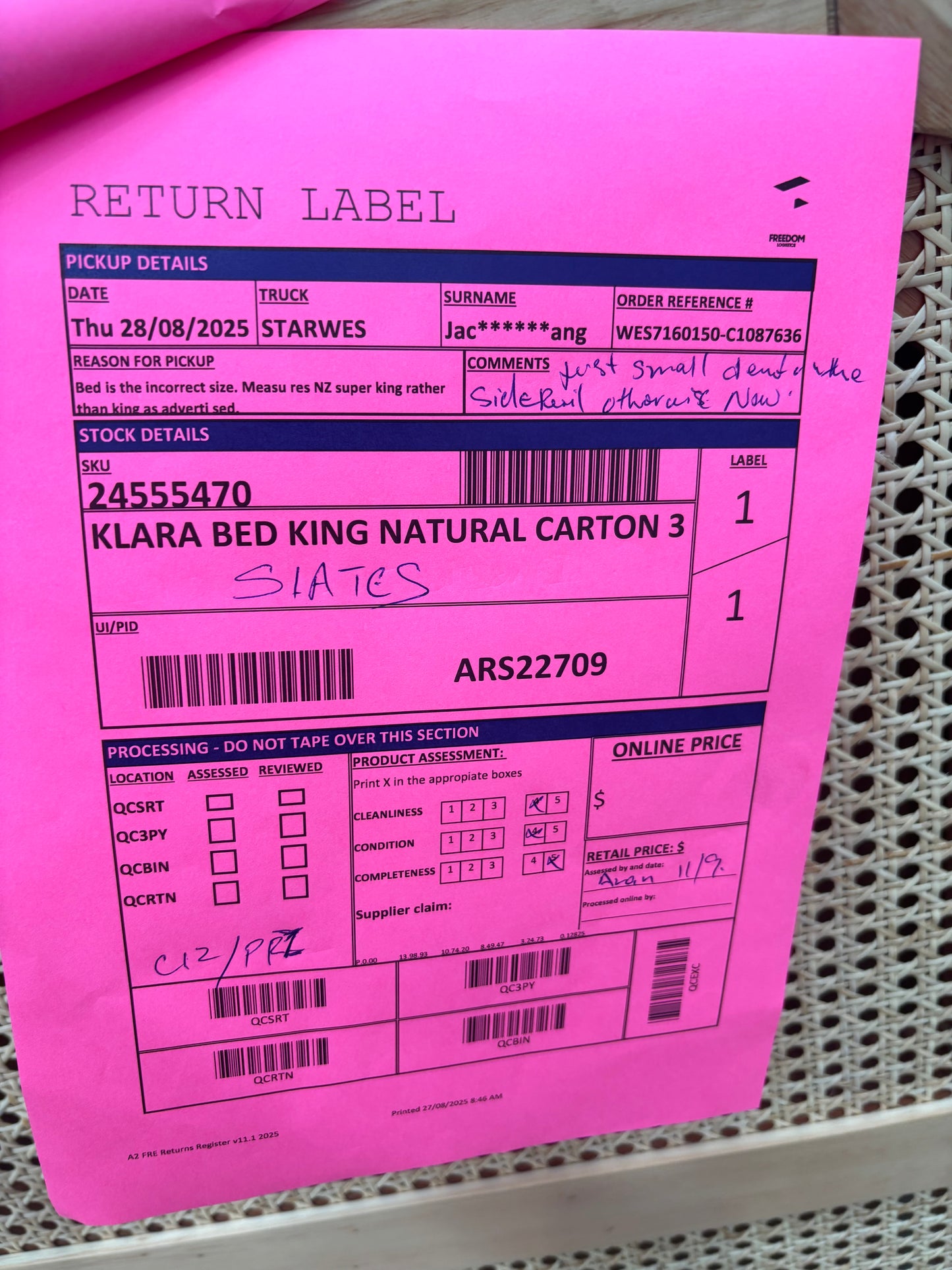 NZ CLZ20152 Klara Bed King Natural 3pc Set