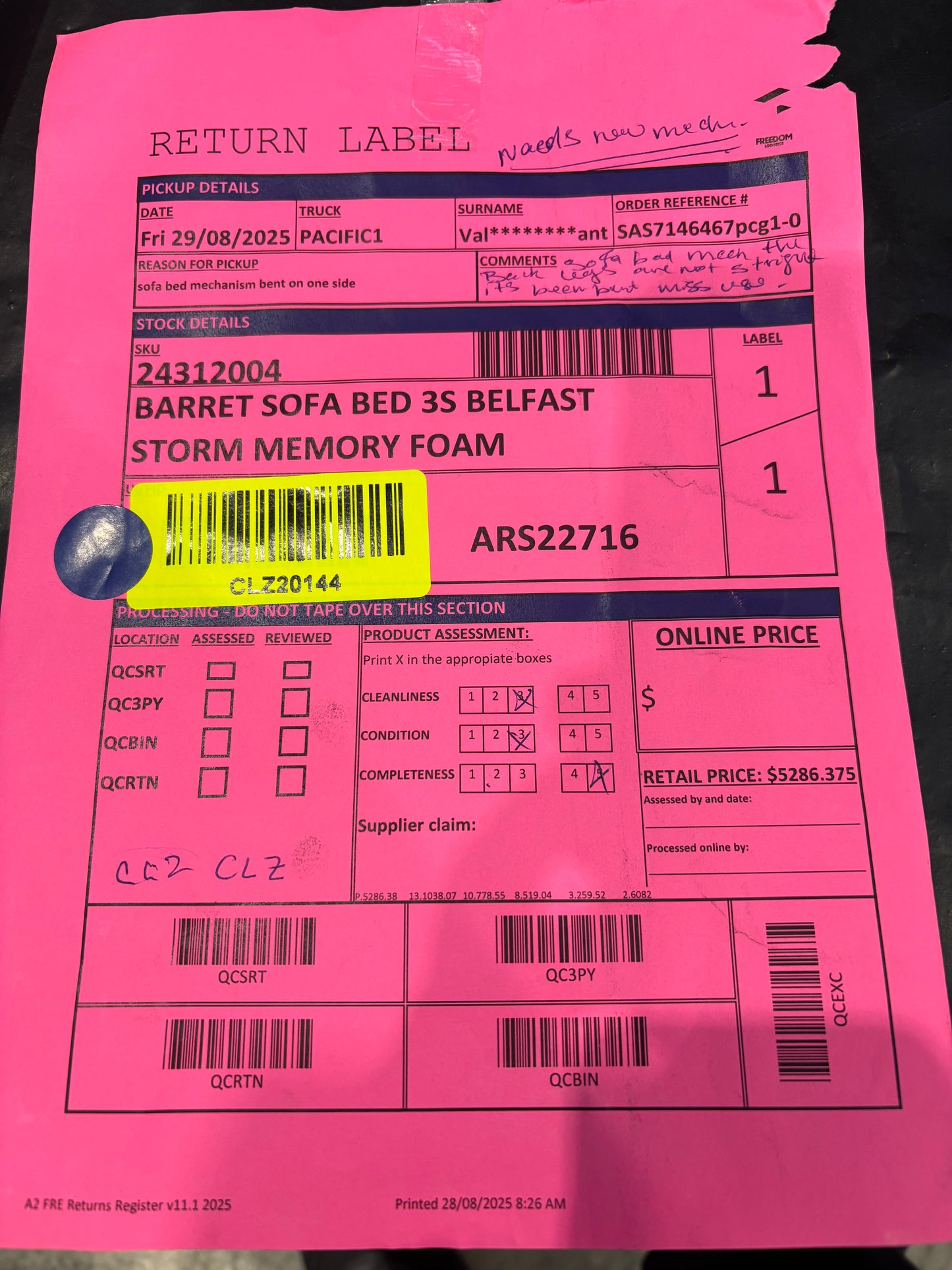 NZ CLZ20144 Barret Sofa Bed 3S Belfast Storm Memory Foam