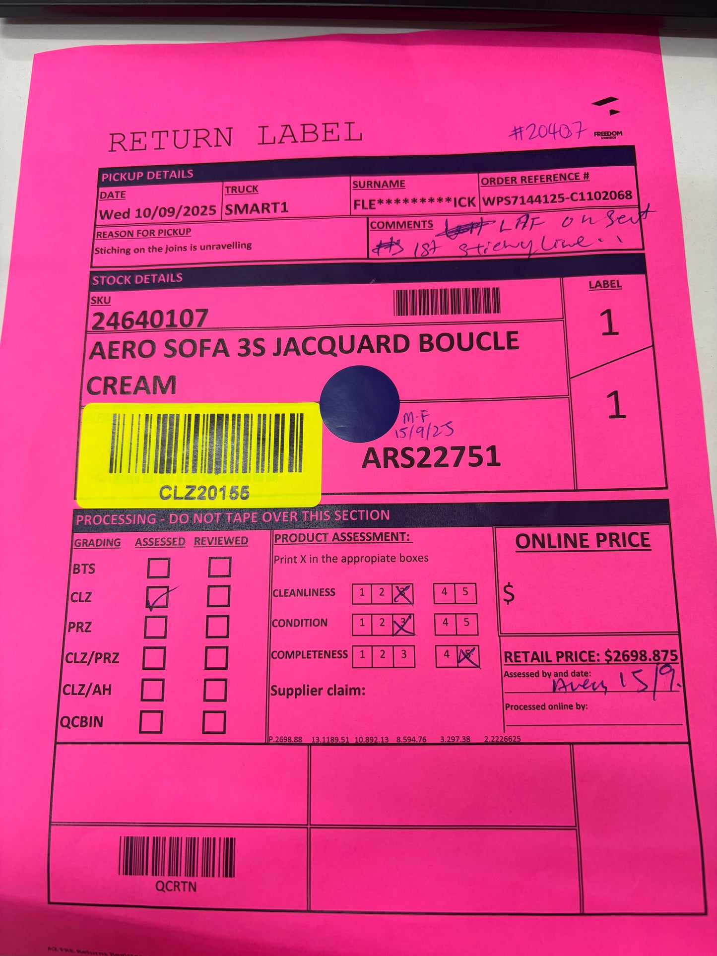 NZ CLZ20155 Aero Sofa 3S Jacquard Boucle Cream