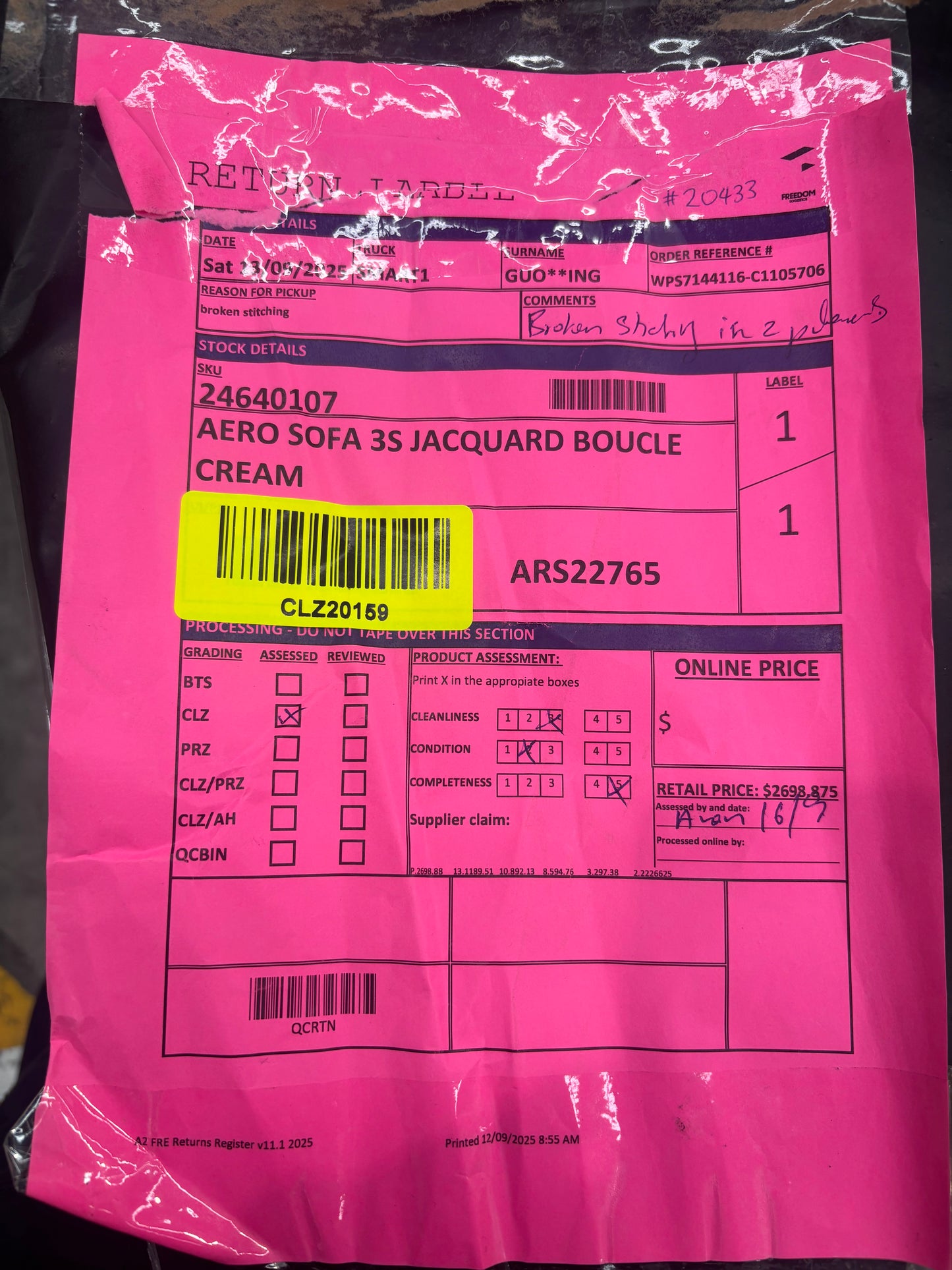 NZ CLZ20159 Aero Sofa 3S Jacquard Boucle Cream