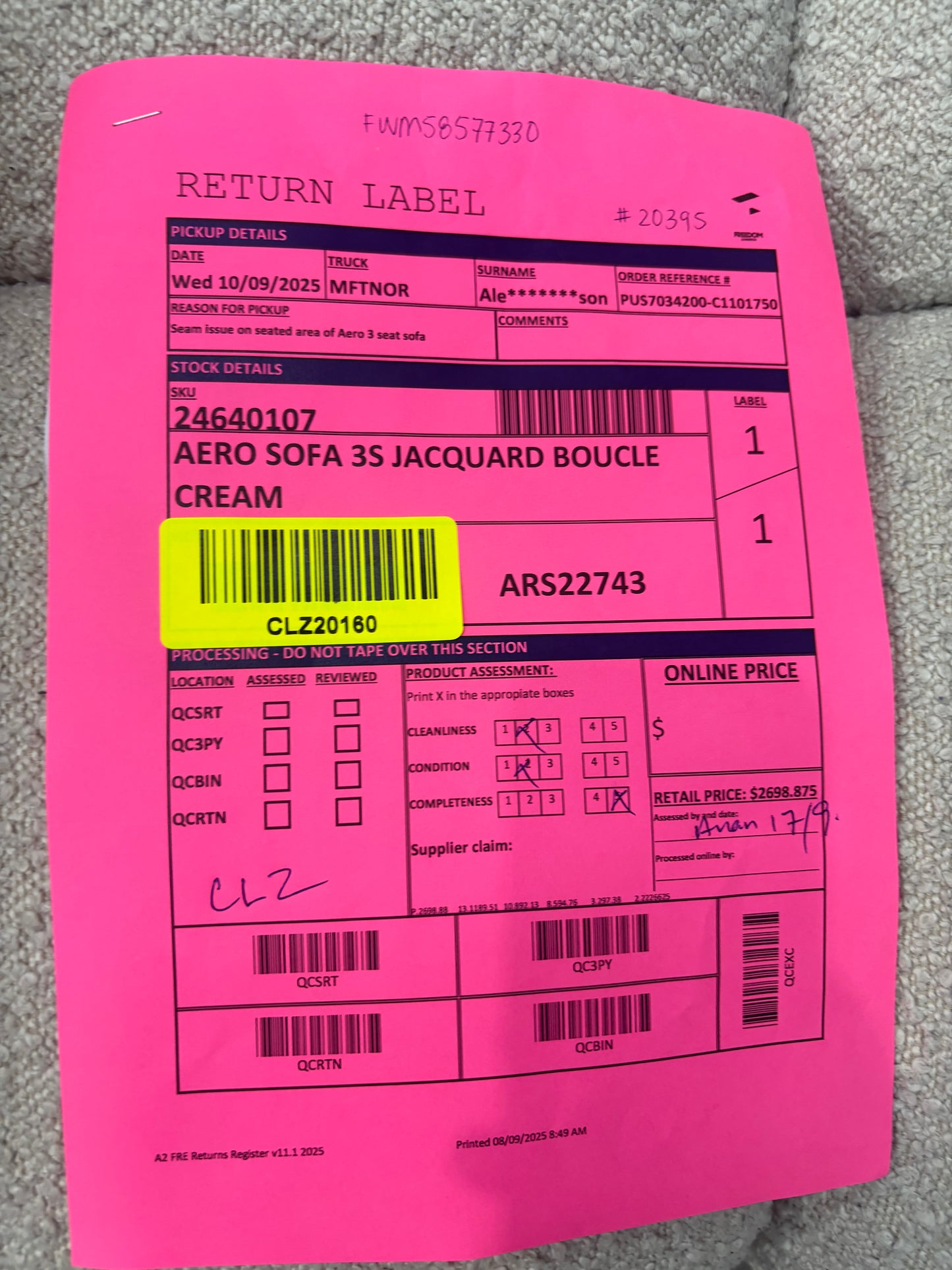 NZ CLZ20160 Aero Sofa 3S Jacquard Boucle Cream