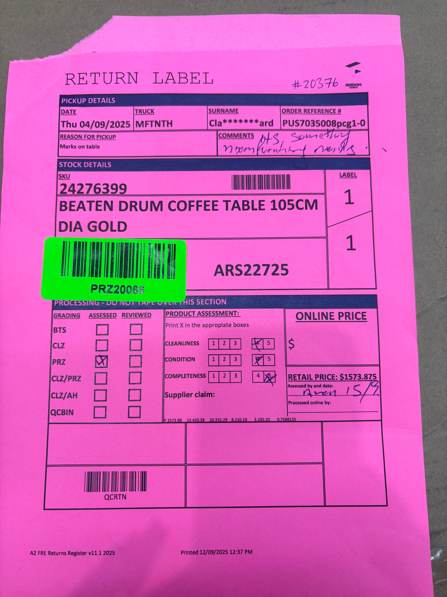 NZ PRZ20066 Beaten Drum Coffee Table 105cm Dia Gold