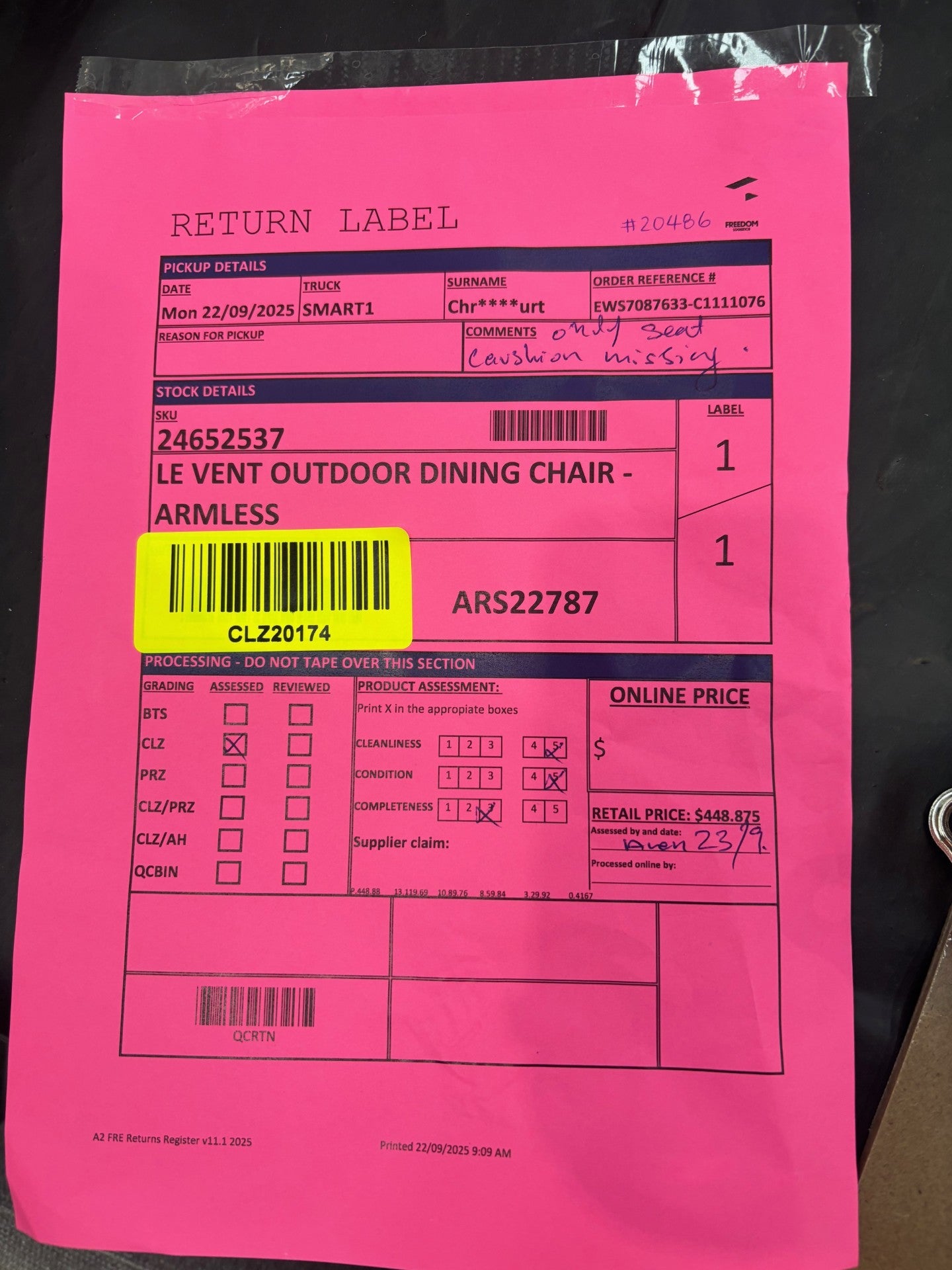 NZ CLZ20174 Le Vent Outdoor Dining Chair - Armless