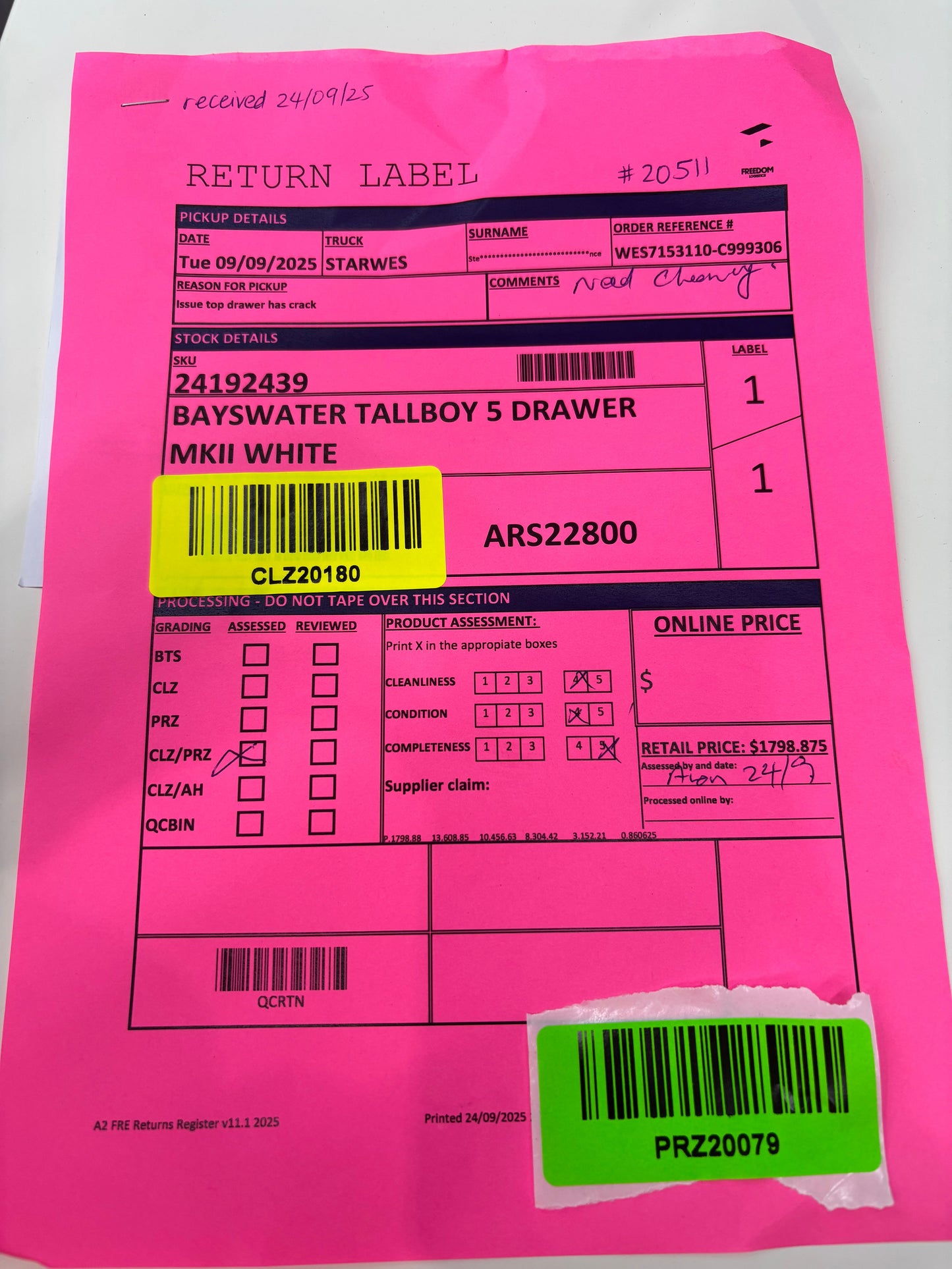 NZ PRZ20079 Bayswater Tallboy 5 Drawer MKII White