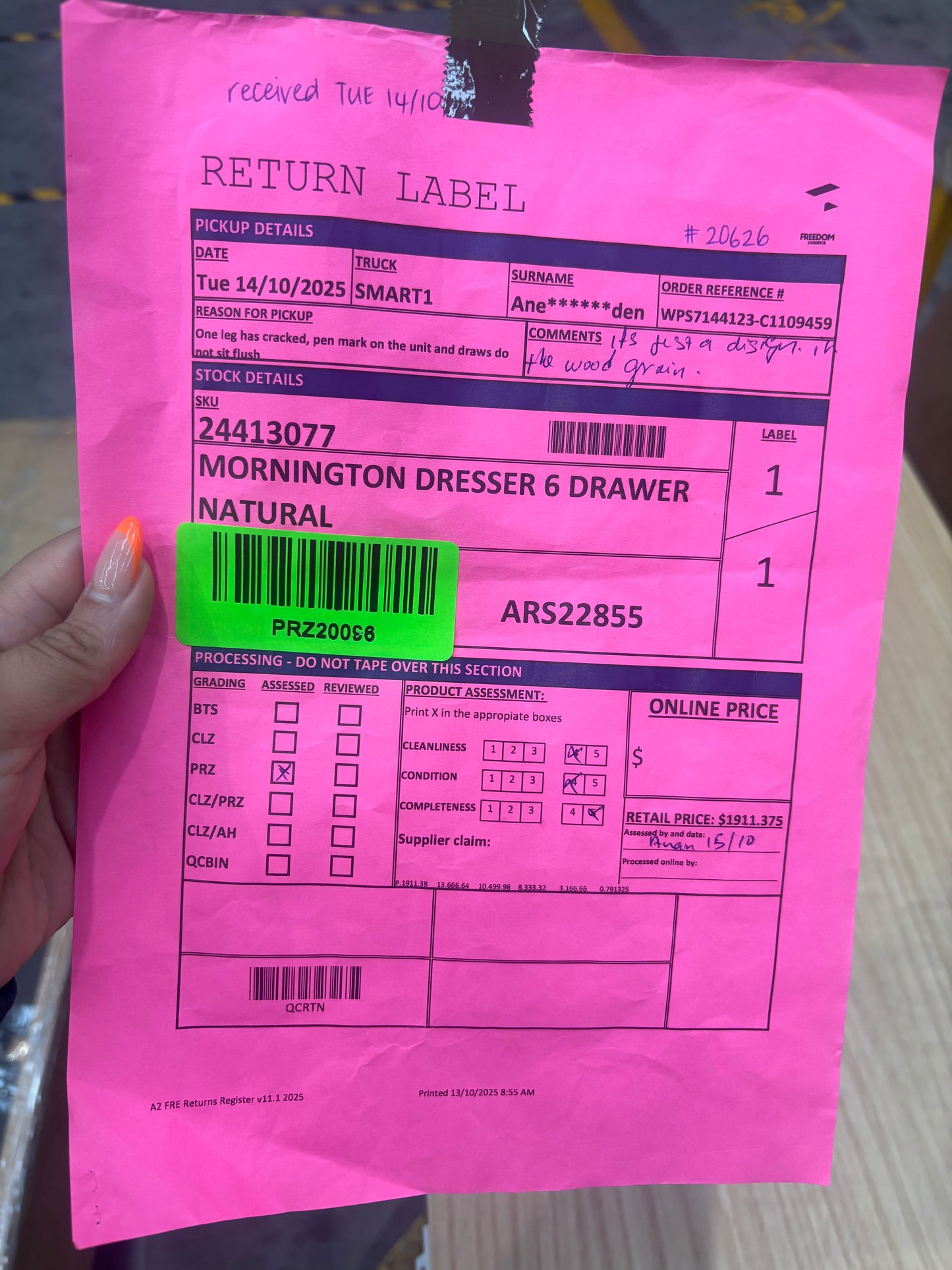 NZ PRZ20096 Mornington Dresser 6 Drawer Natural