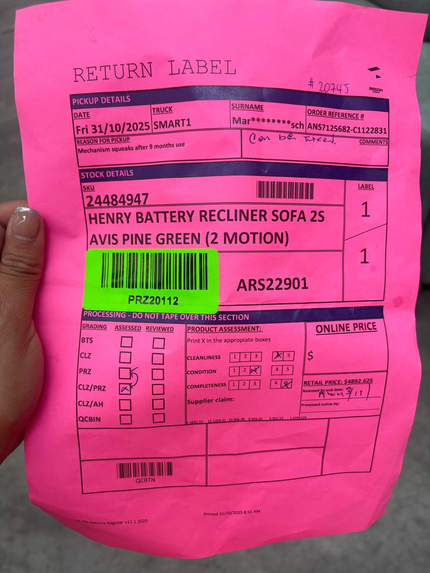 NZ PRZ20112 Henry Battery Recliner Sofa 2S Avis Pine Green (2 Motion)