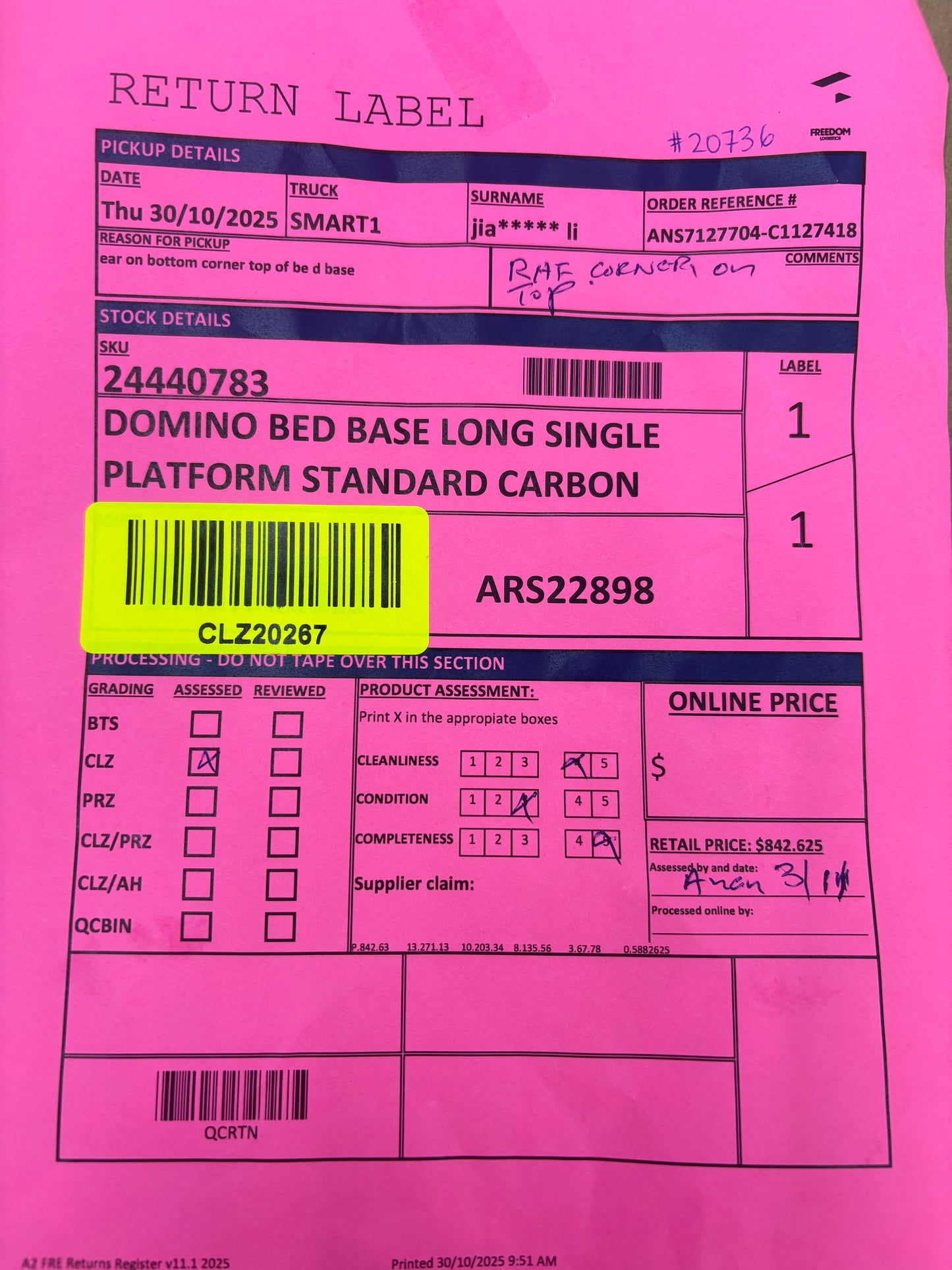 NZ CLZ20267 Domino Bed Base Long Single Platform Standard Carbon