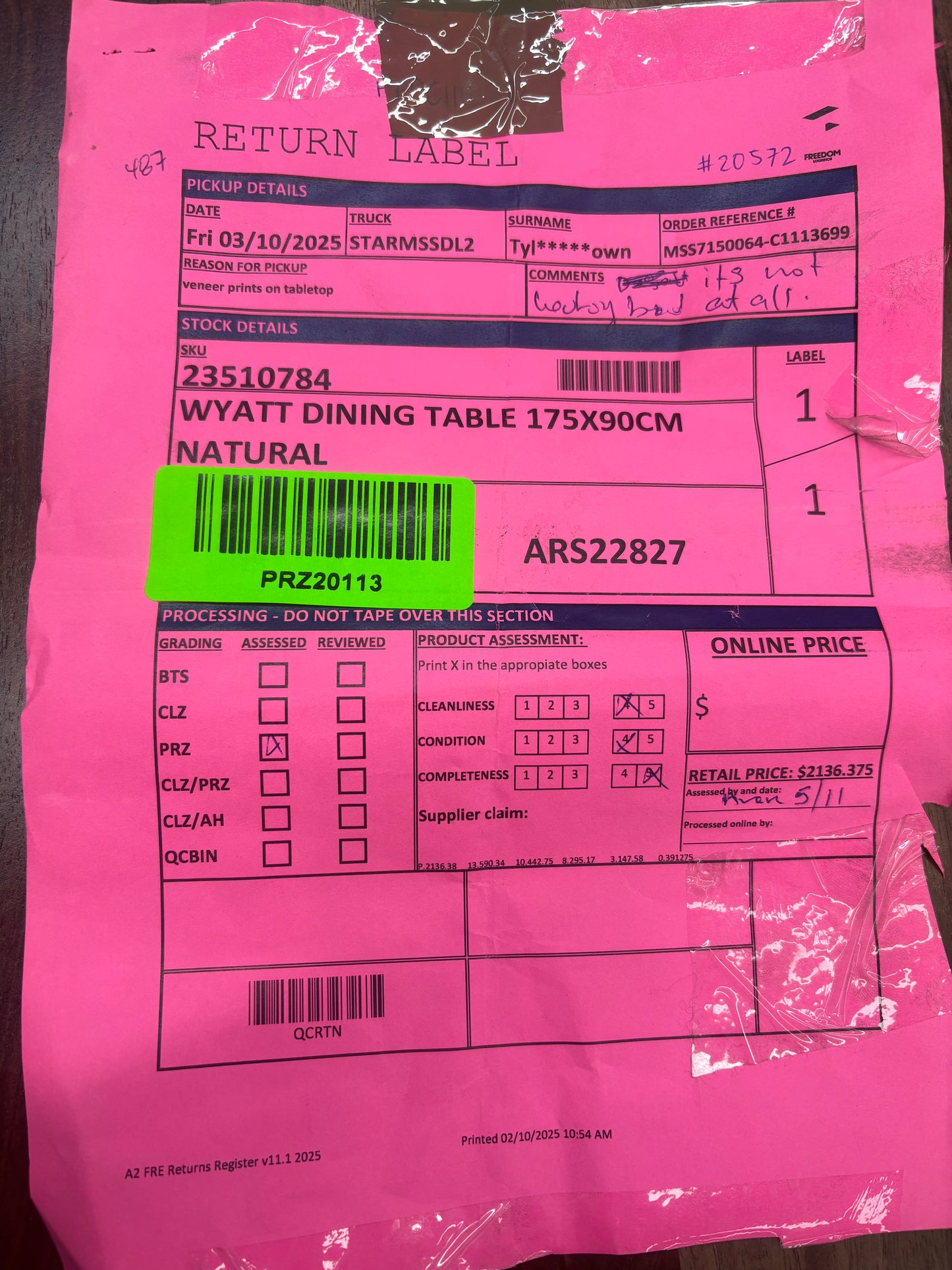 NZ PRZ20113 Wyatt Dining Table 175x90cm Natural