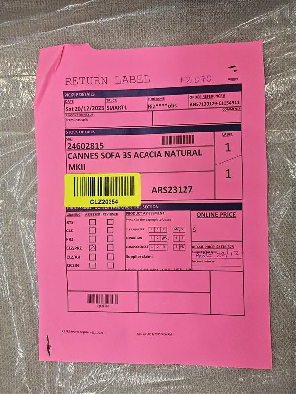 NZ CLZ20354 Cannes Sofa 3S Acacia Natural MKII