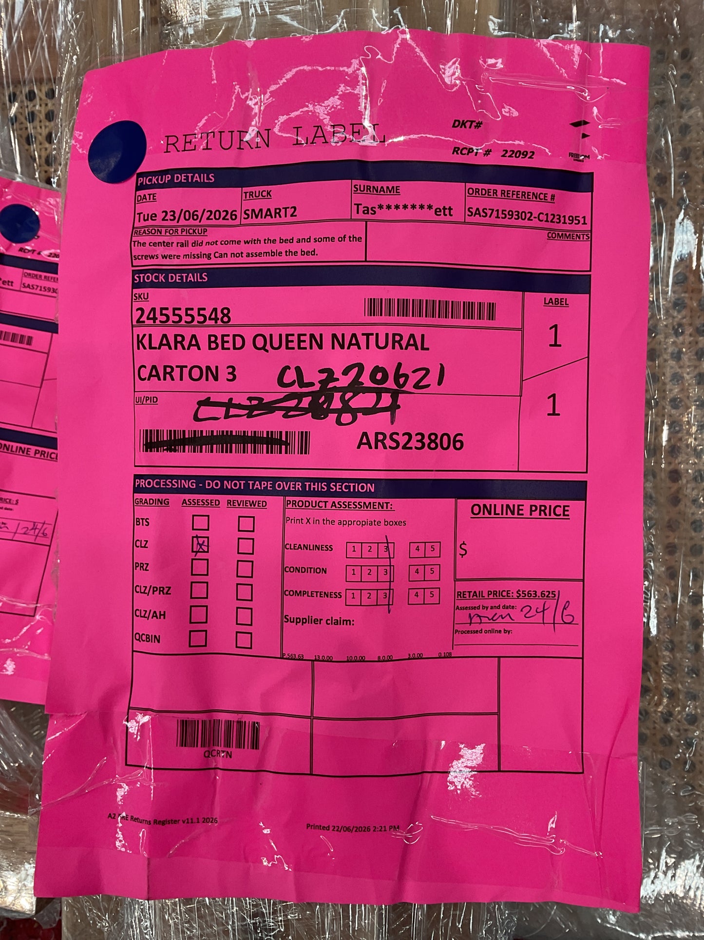 NZ CLZ20621 3 PCE KLARA BED QUEEN NATURAL CARTON 1,2 & 3