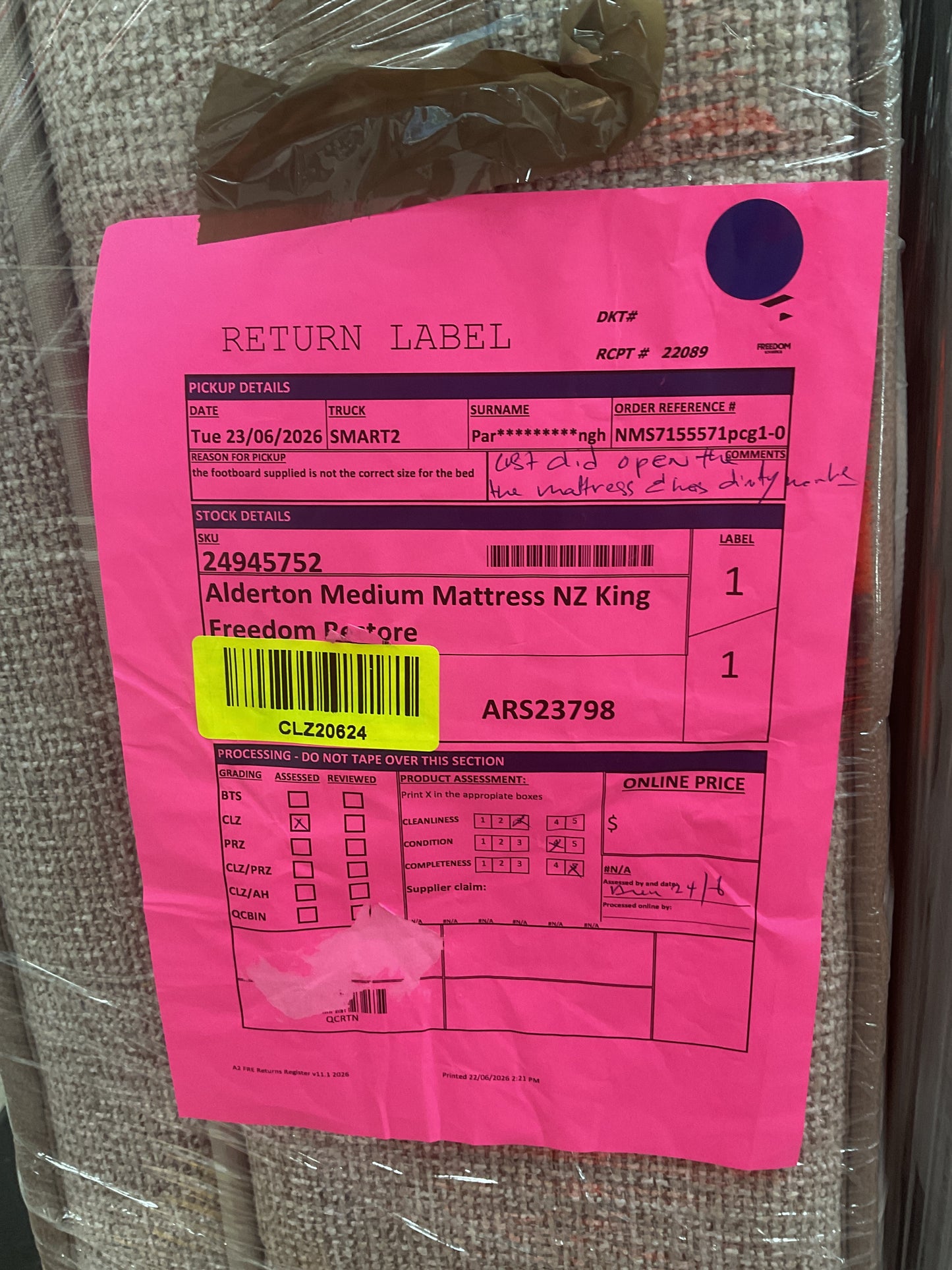 NZ CLZ20624 1 PCE ALDERTON MEDIUM MATTRESS NZ KING FREEDOM RESTORE