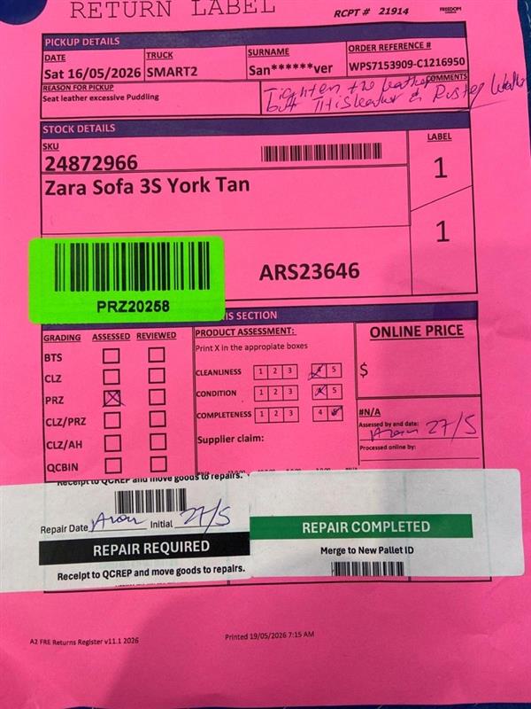 NZ PRZ20258 1 PCE ZARA SOFA 3S YORK TAN
