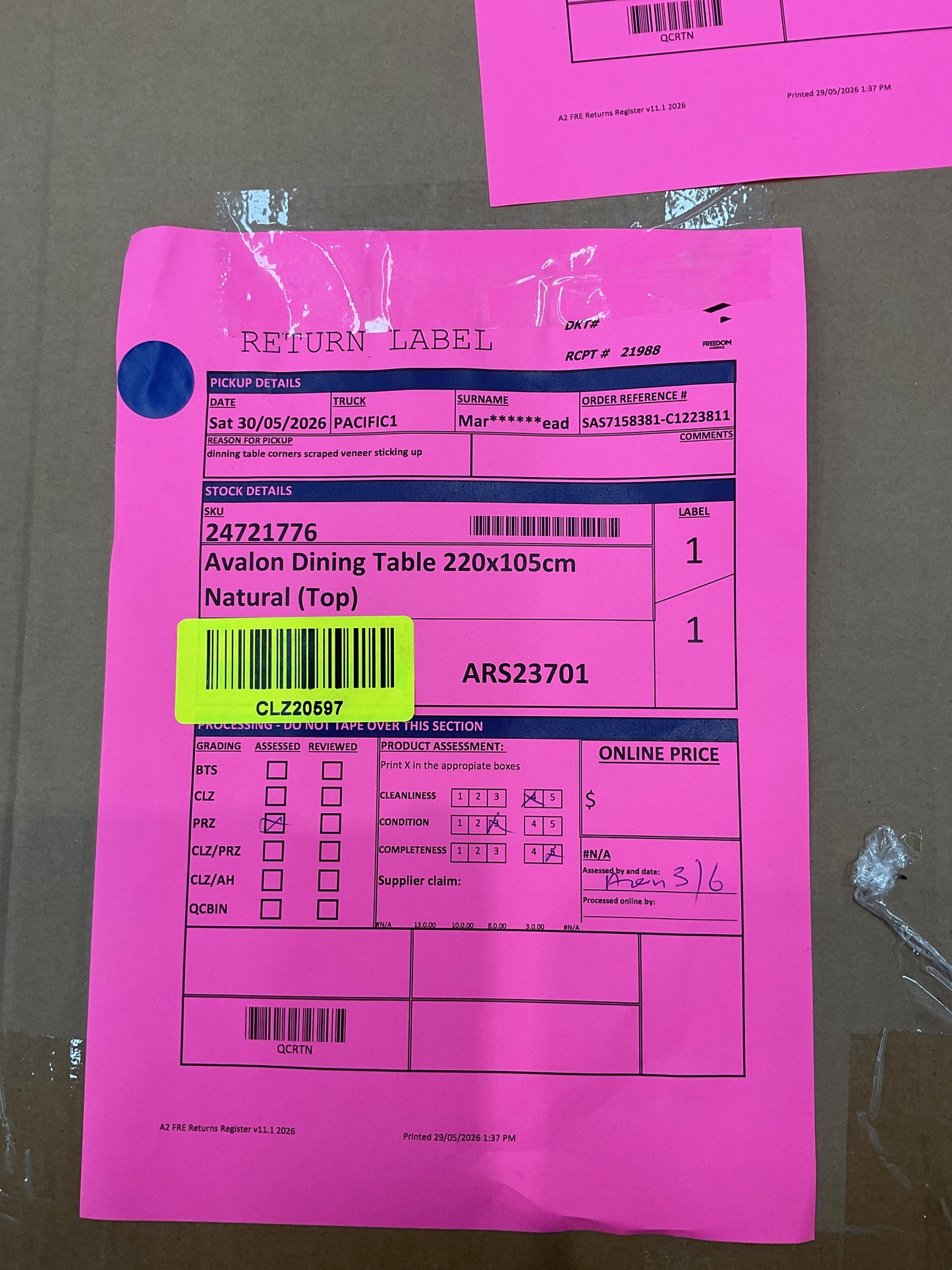NZ CLZ20597 | 2 PCE | AVALON DINING TABLE 220X105CM NATURAL (Leg are in the box with the top)