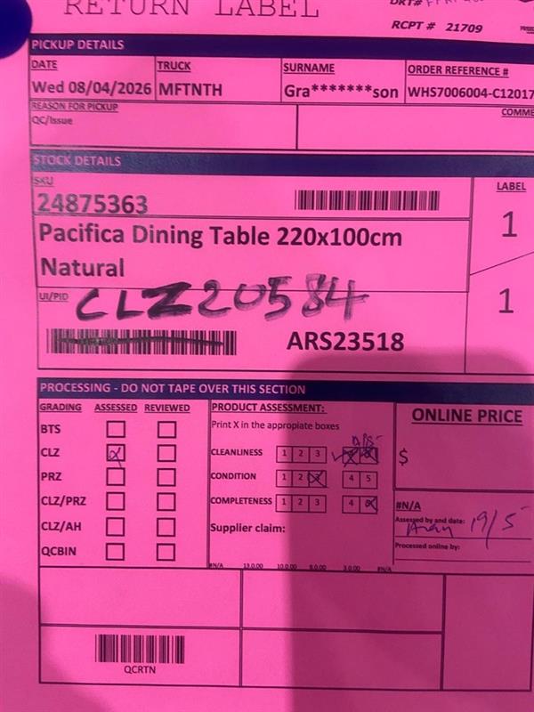 NZ CLZ20584 2 PCE PACIFICA DINING TABLE 220X100CM NATURAL