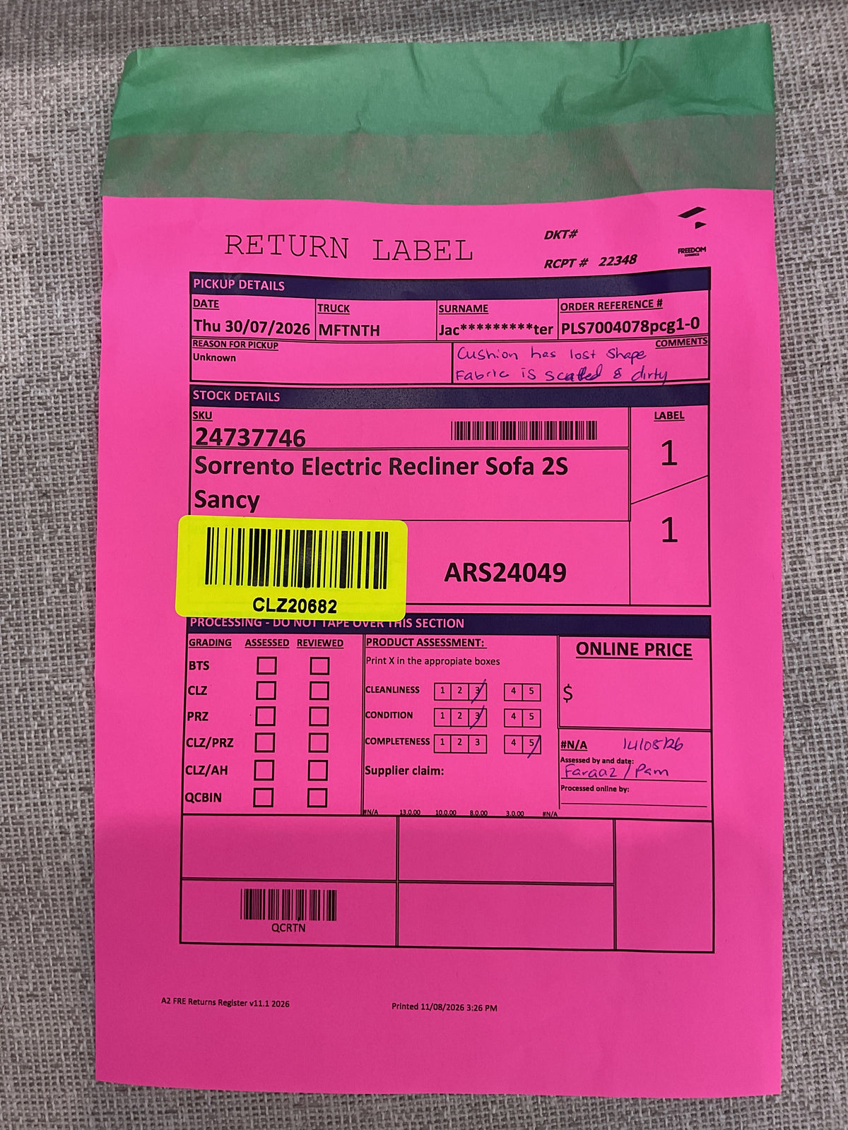 NZ CLZ20682 1 PCE SORRENTO ELECTRIC RECLINER SOFA 2S SANCY OYSTER (2 MOTION)