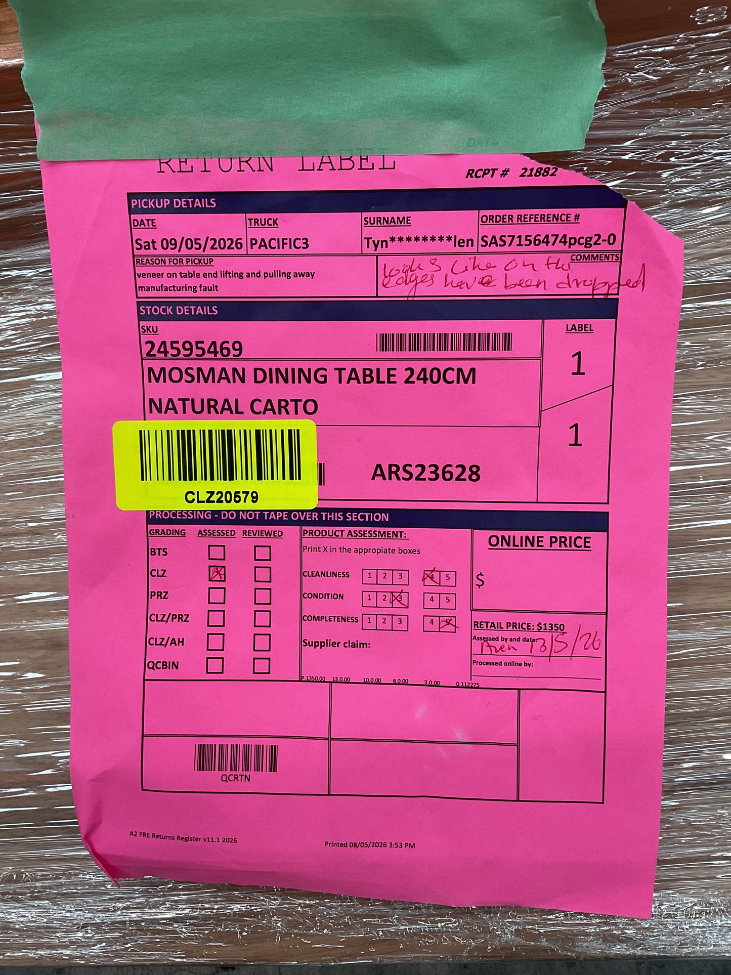 NZ CLZ20579 2 PCE MOSMAN DINING TABLE 240CM NATURAL CARTON 1&2