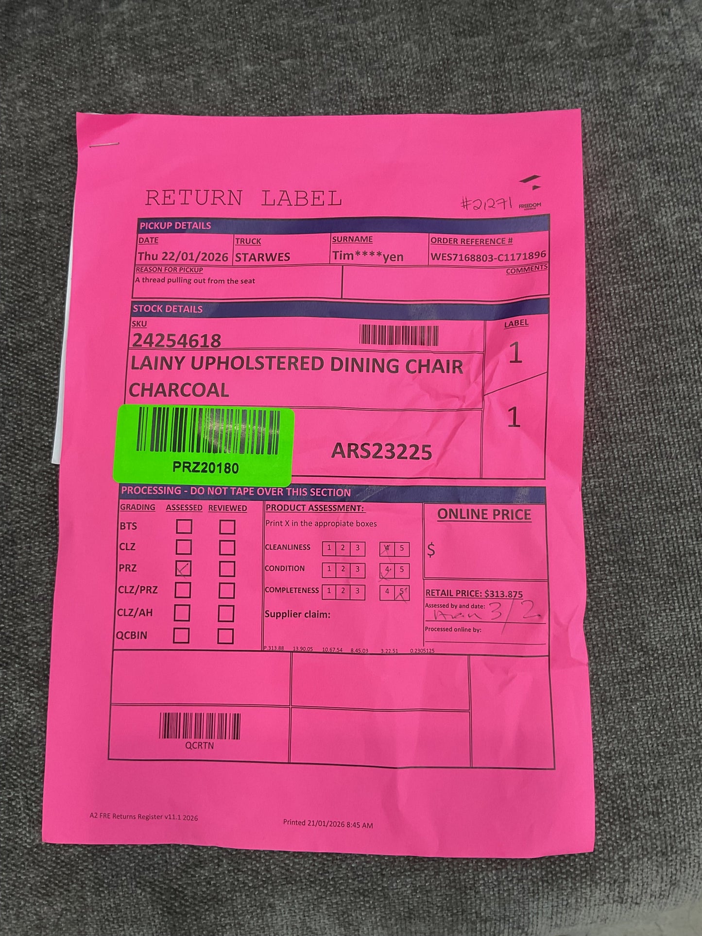 NZ PRZ20180 LAINY UPHOLSTERED DINING CHAIR CHARCOAL