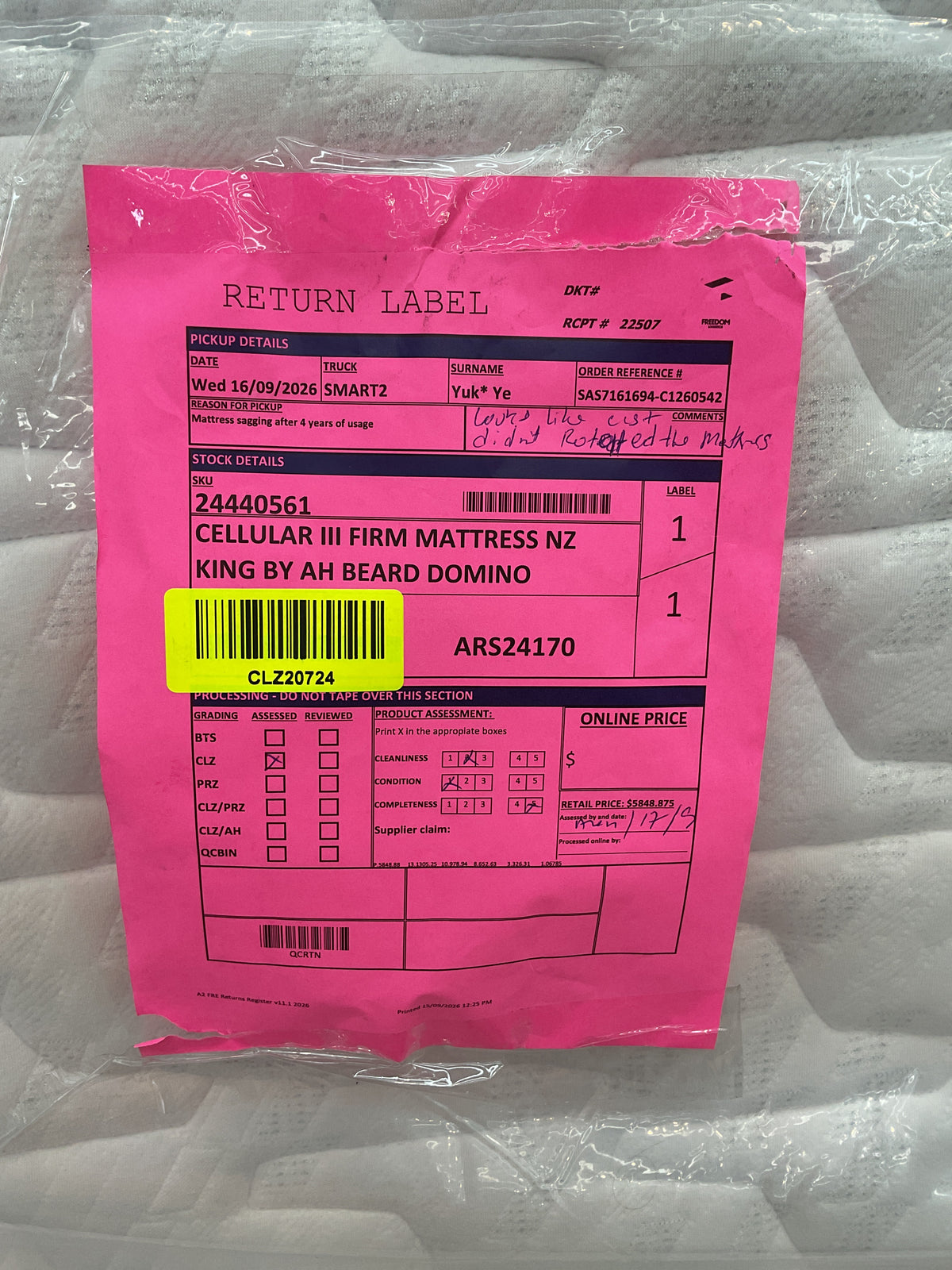 NZ CLZ20724 1 PCE CELLULAR III FIRM MATTRESS NZ KING BY AH BEARD DOMINO