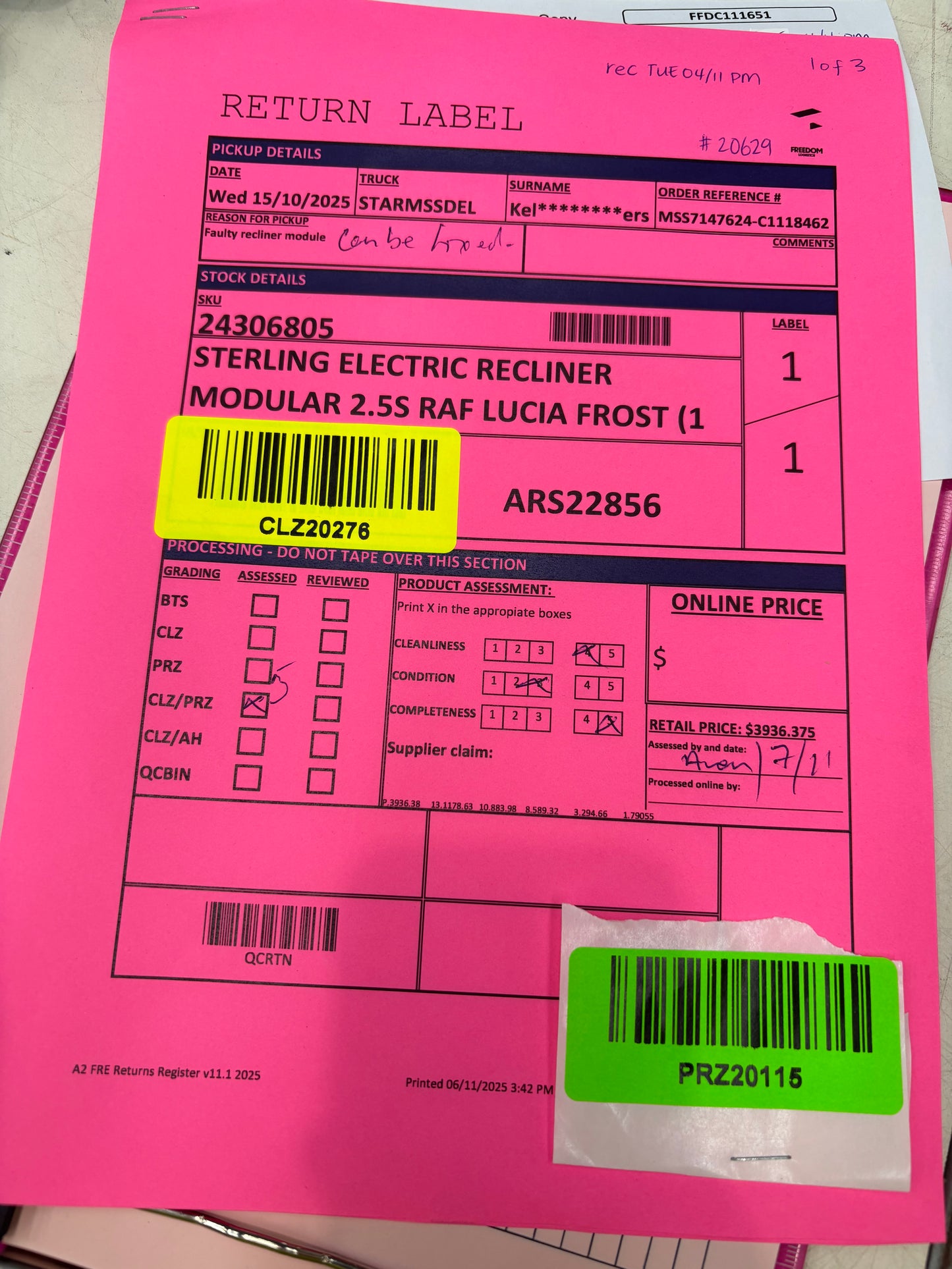 NZ PRZ20115 3pc Sterling Electric Recliner Modular Set Lucia Frost