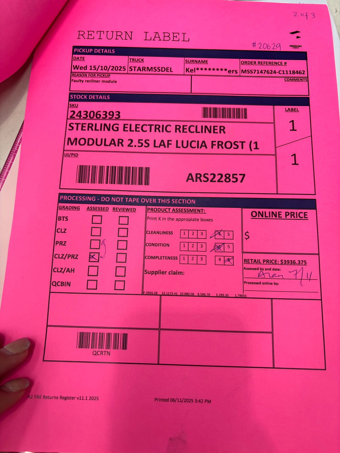 NZ PRZ20115 3pc Sterling Electric Recliner Modular Set Lucia Frost