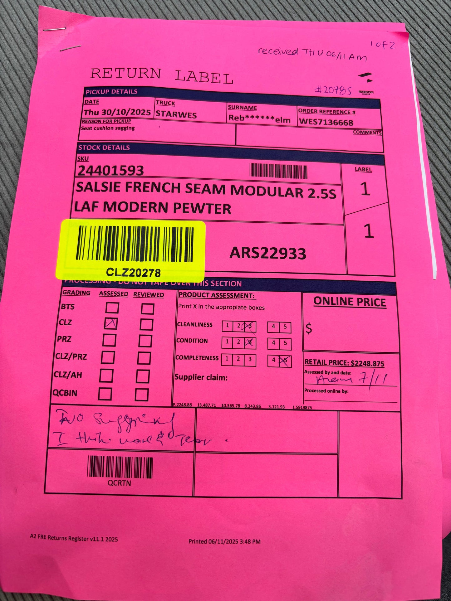 NZ CLZ20278 2pc Salsie French Seam Modular Set Modern Pewter