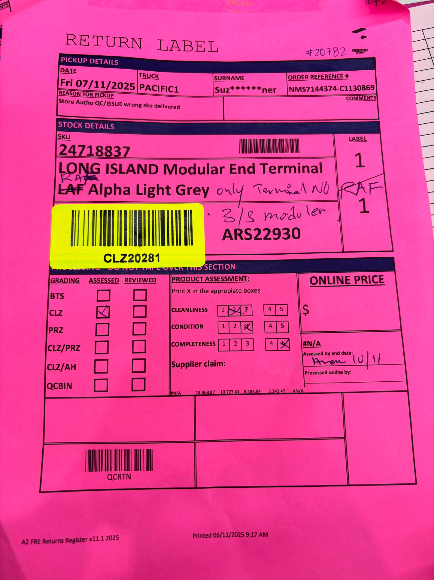 NZ CLZ20281 Long Island Modular End Terminal RAF Alpha Light Grey