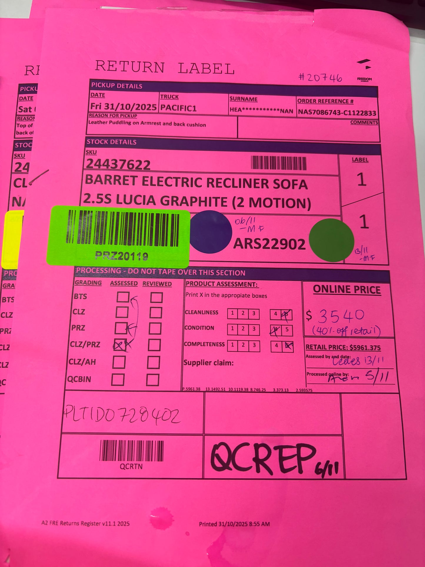 NZ PRZ20119 Barret Electric Recliner Sofa 2.5s Lucia Graphite (2 Motion)