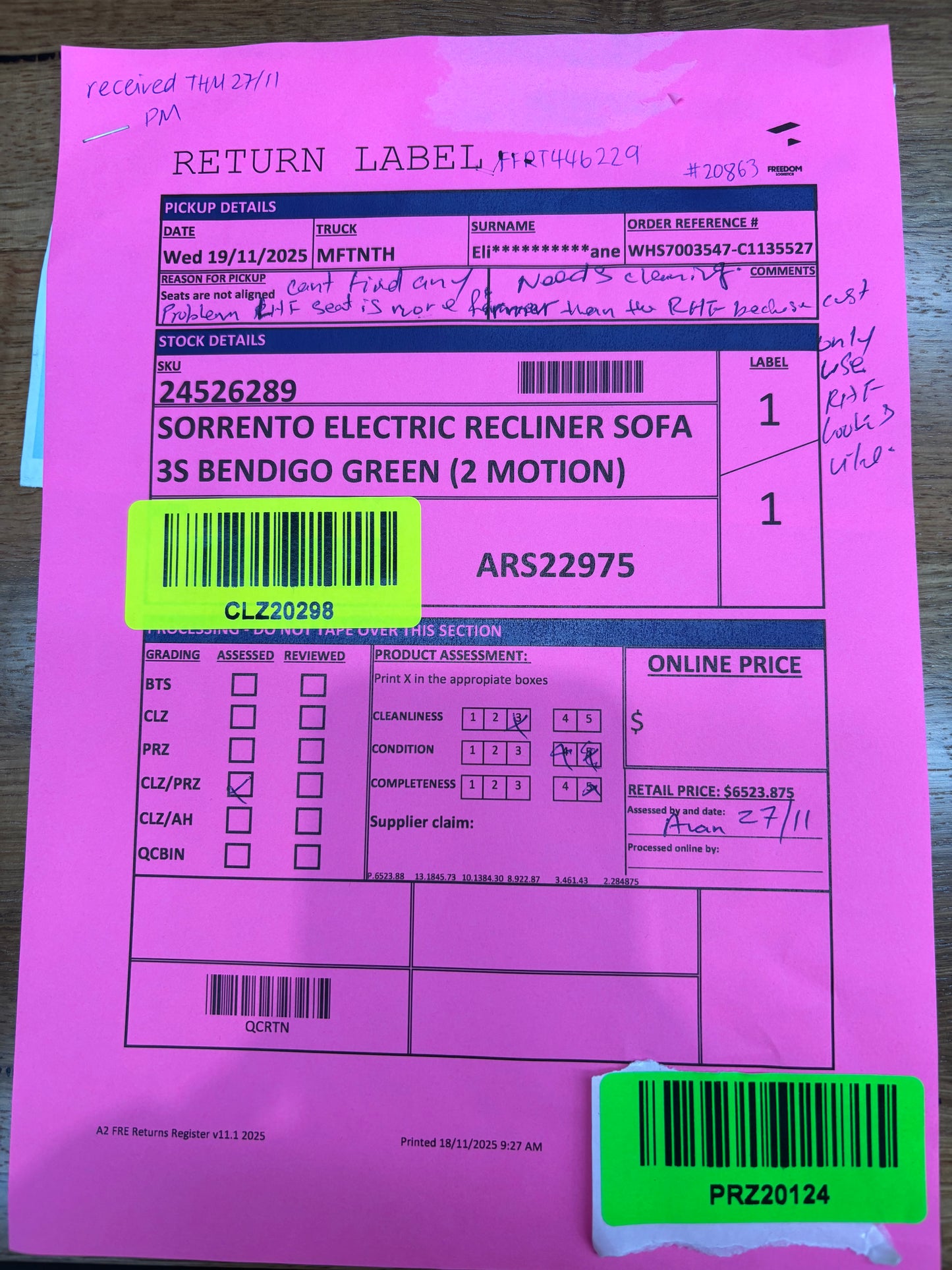 NZ PRZ20124 Sorrento Electric Recliner Sofa 3S Bendigo Green (2 Motion)