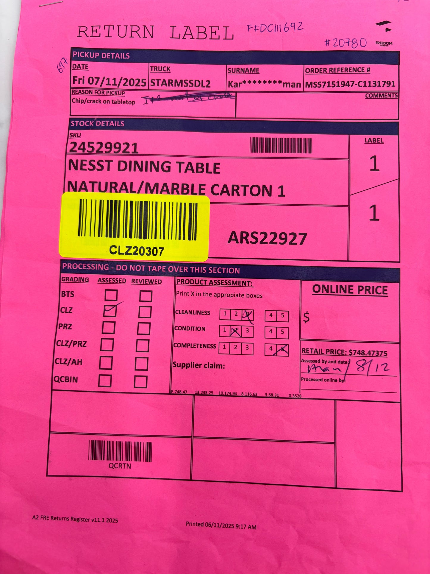 NZ CLZ20307 Nesst Dining Table Natural/Marble